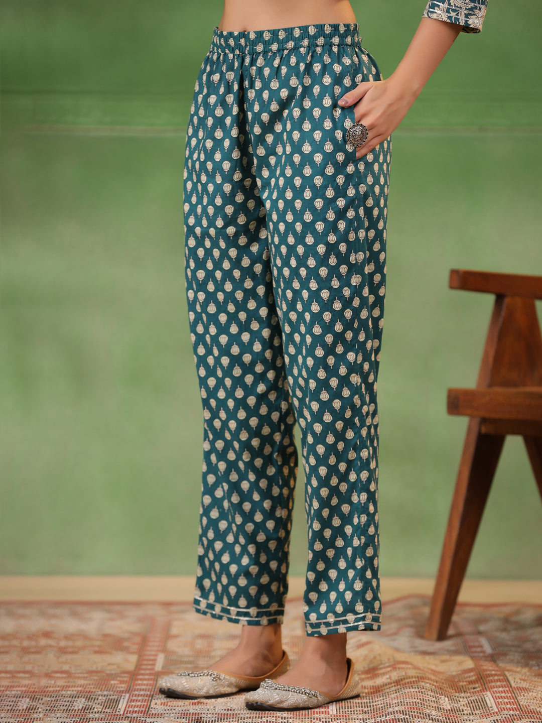 Women set of Pure Cotton 3 pcs Teal Colour Flared Printed Kurta Sets - SanskrutiHomes