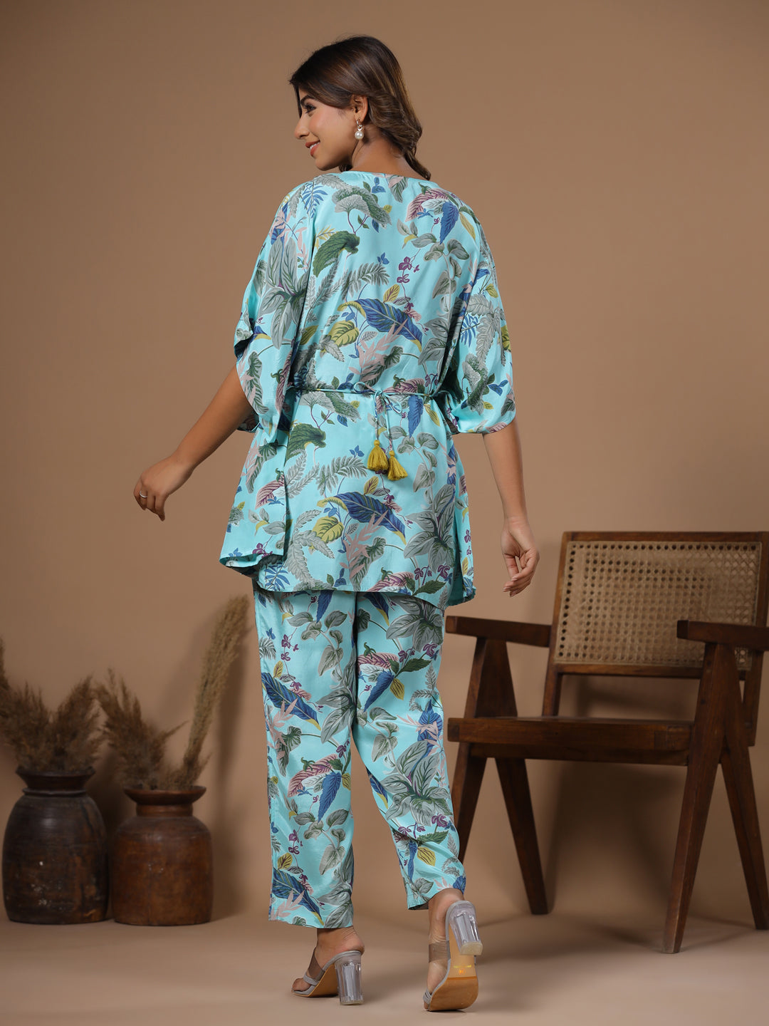 Floral baby blue Silk Blend Kaftan Kurta with Trousers