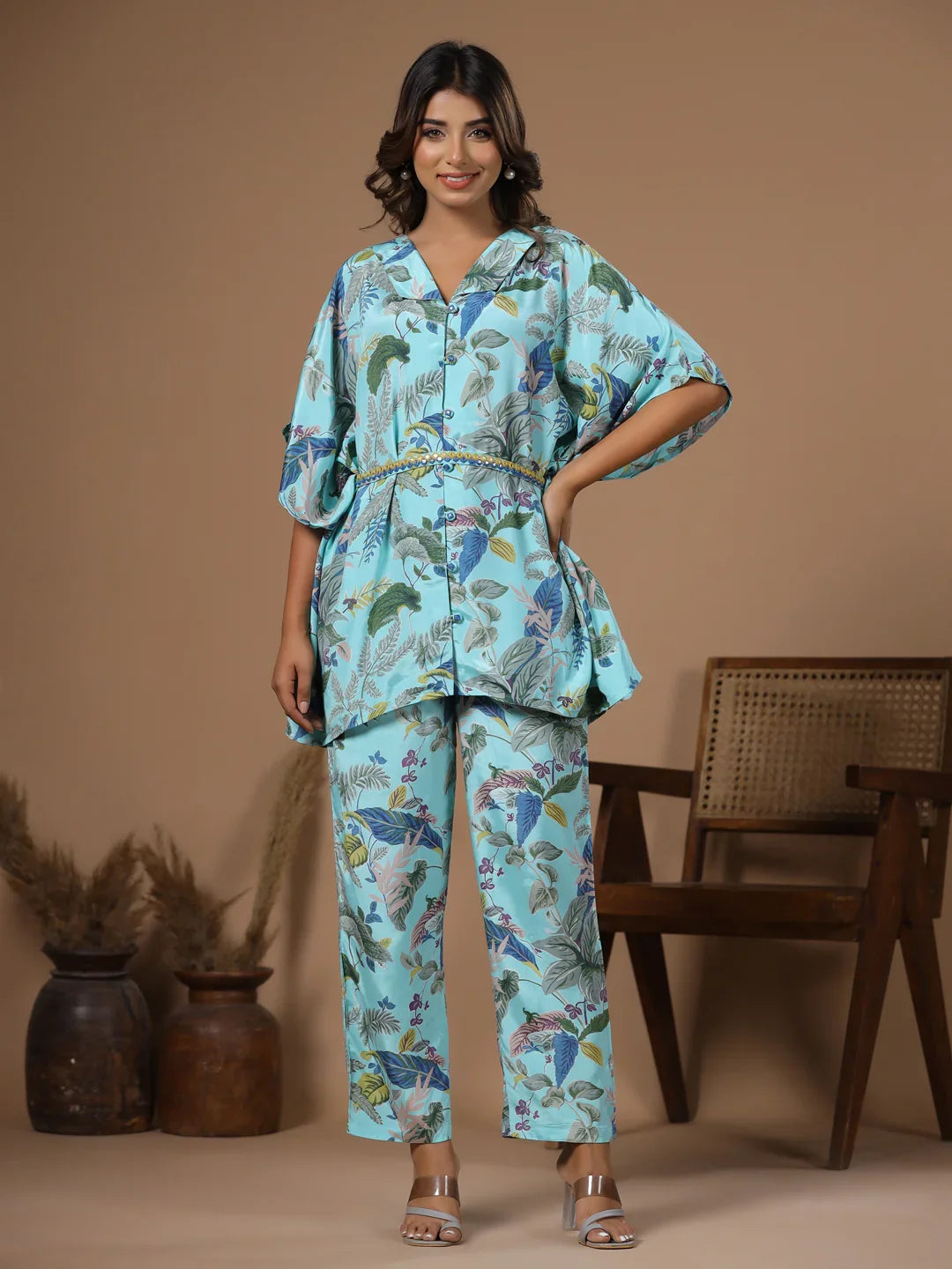 Floral baby blue Silk Blend Kaftan Kurta with Trousers - SanskrutiHomes