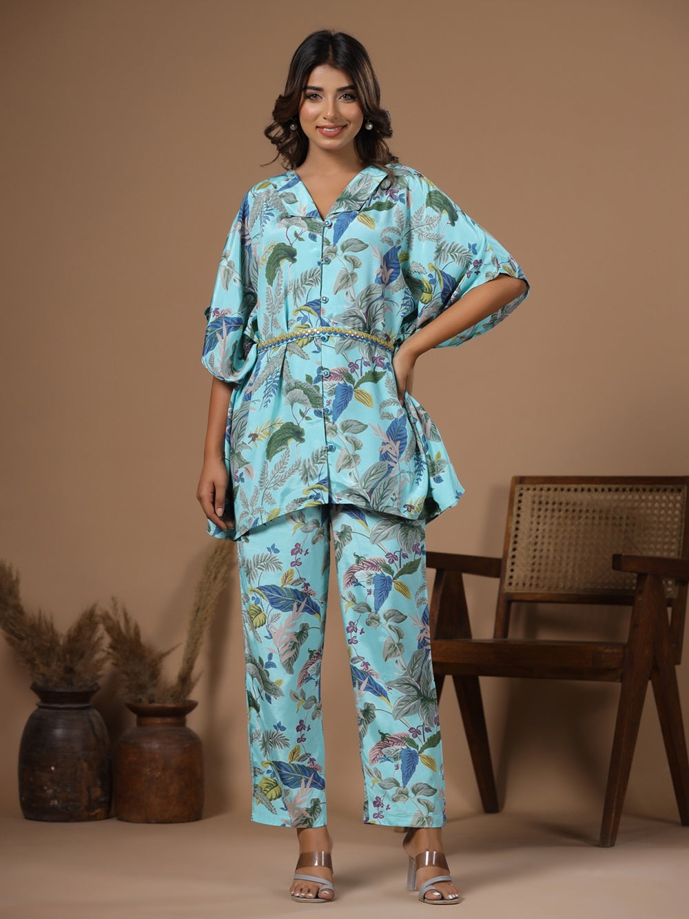 Floral baby blue Silk Blend Kaftan Kurta with Trousers
