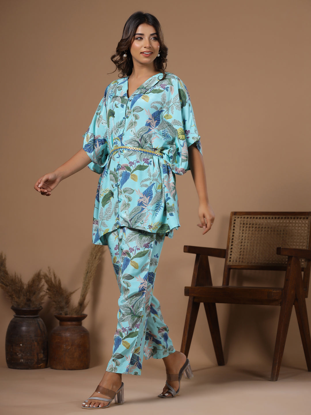 Floral baby blue Silk Blend Kaftan Kurta with Trousers