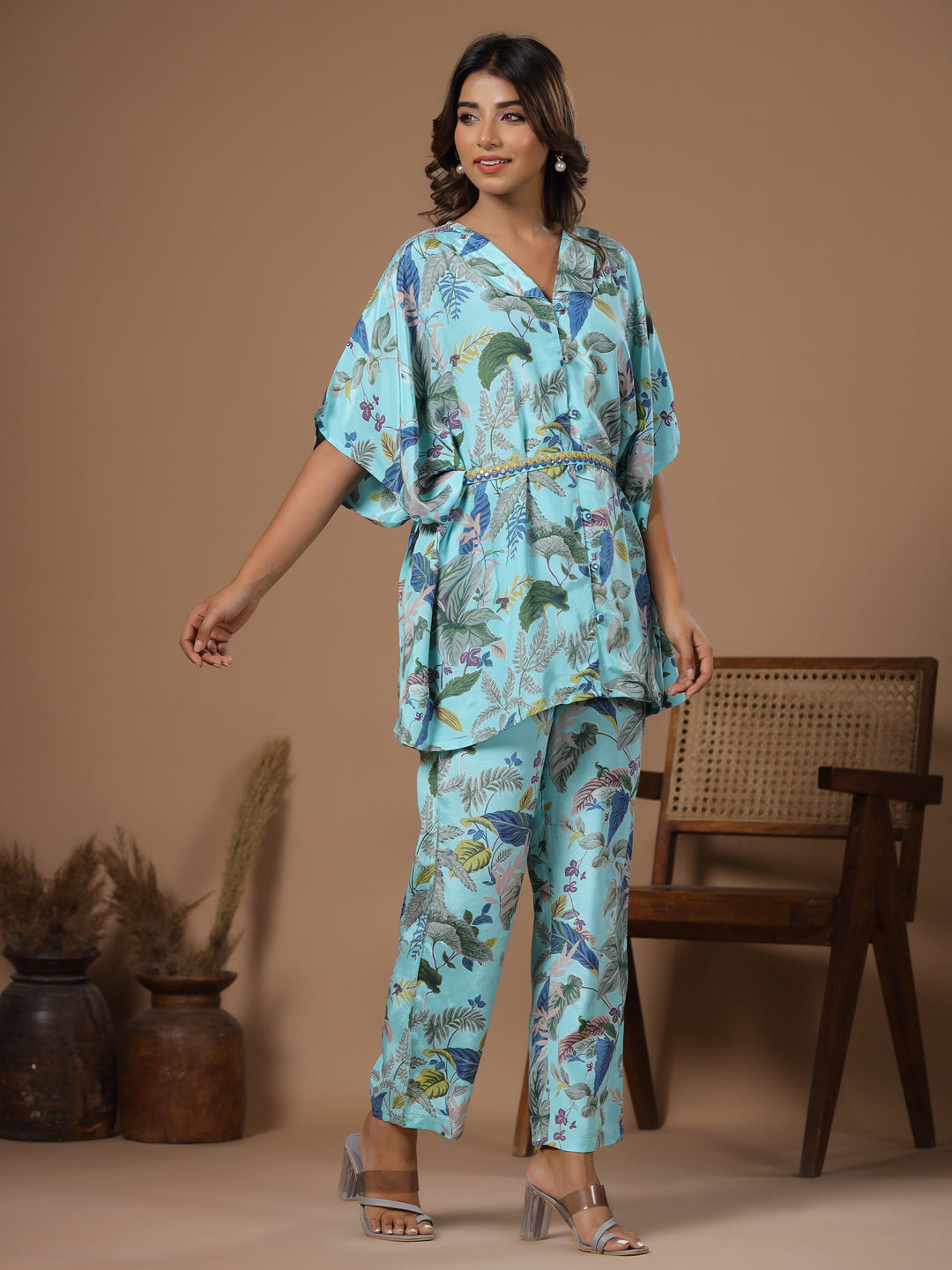 Floral baby blue Silk Blend Kaftan Kurta with Trousers