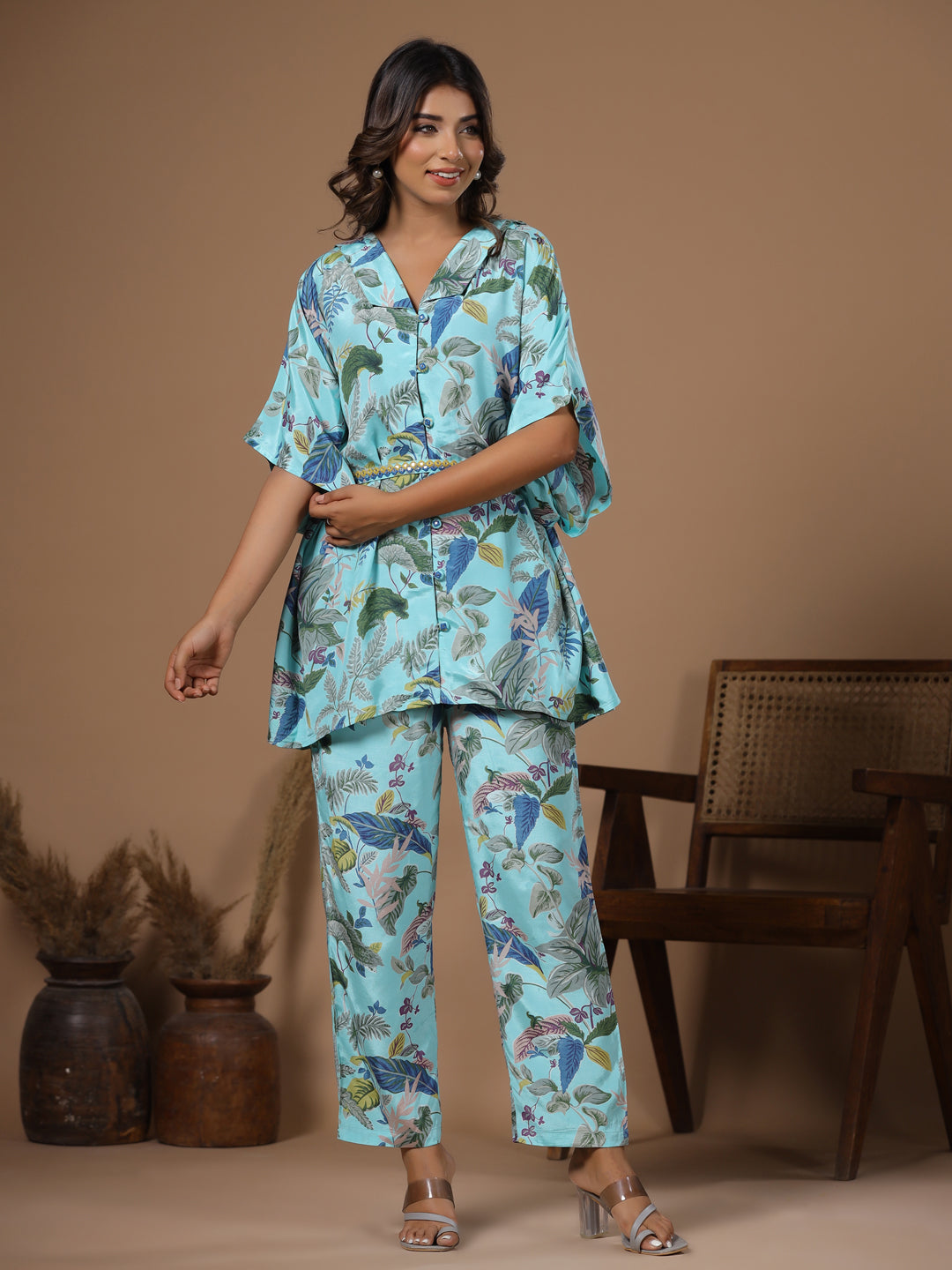 Floral baby blue Silk Blend Kaftan Kurta with Trousers