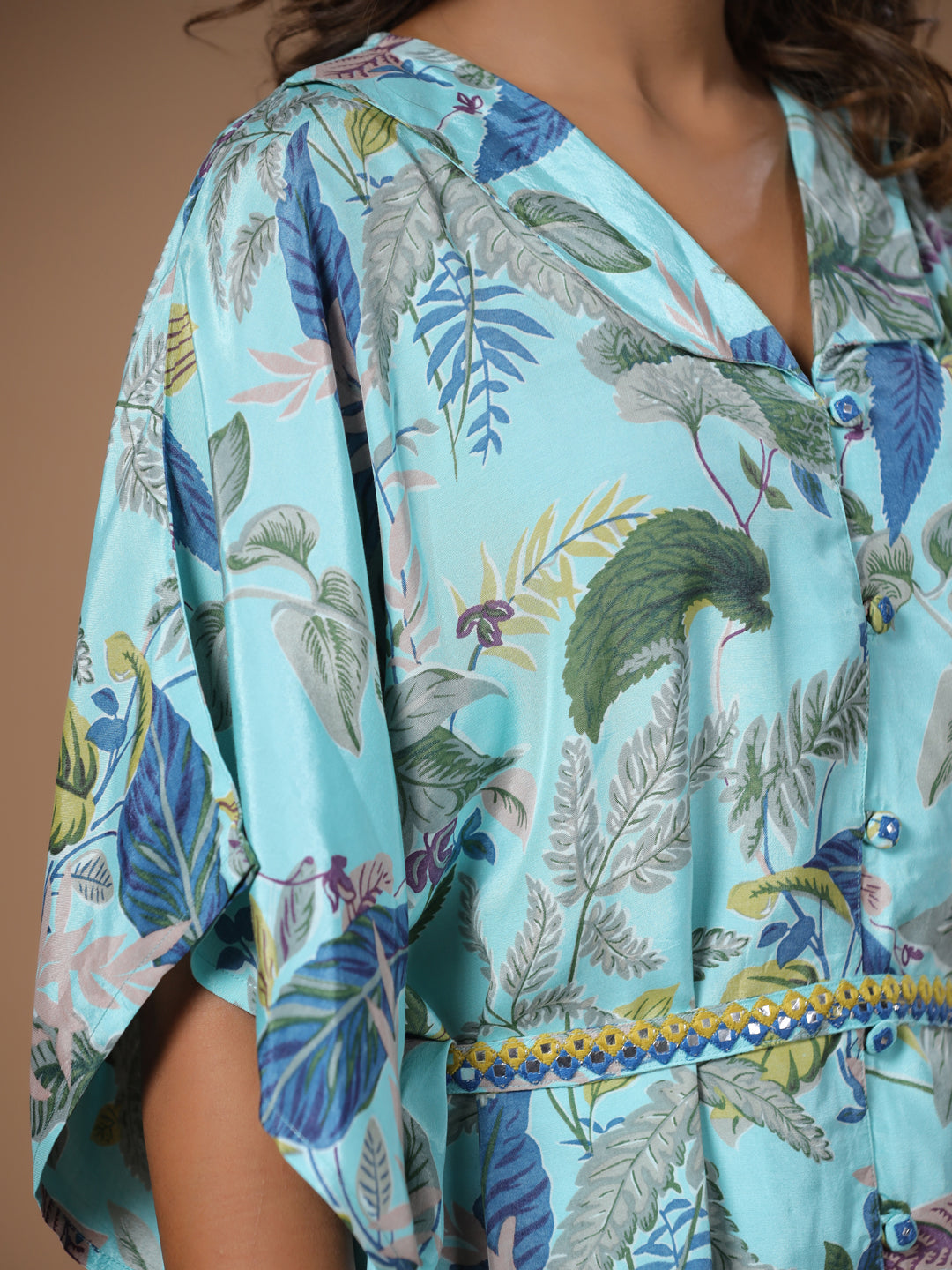 Floral baby blue Silk Blend Kaftan Kurta with Trousers