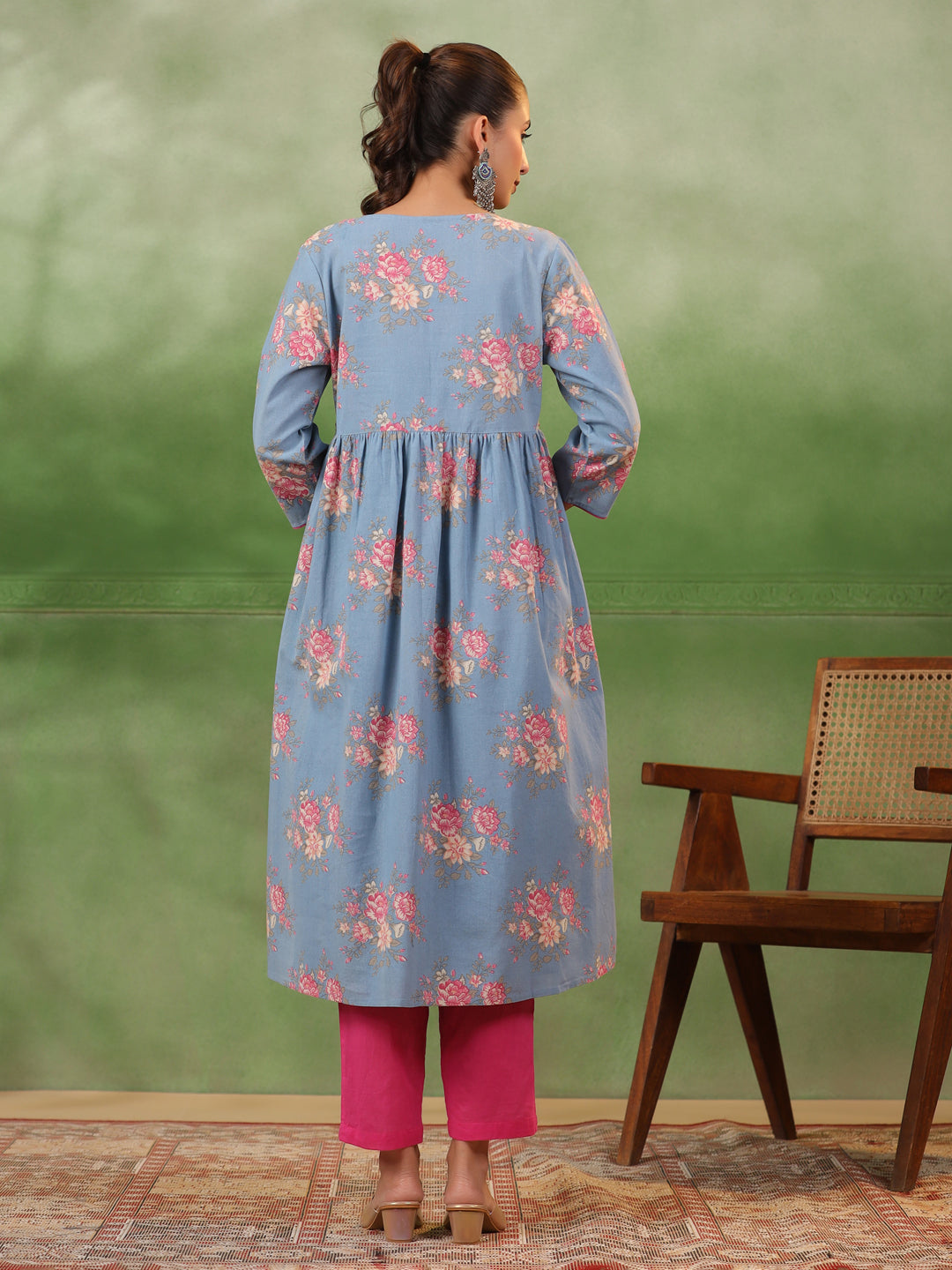 Floral Printed Regular Thread Work Pure Cotton A-Line Kurta With Trouser