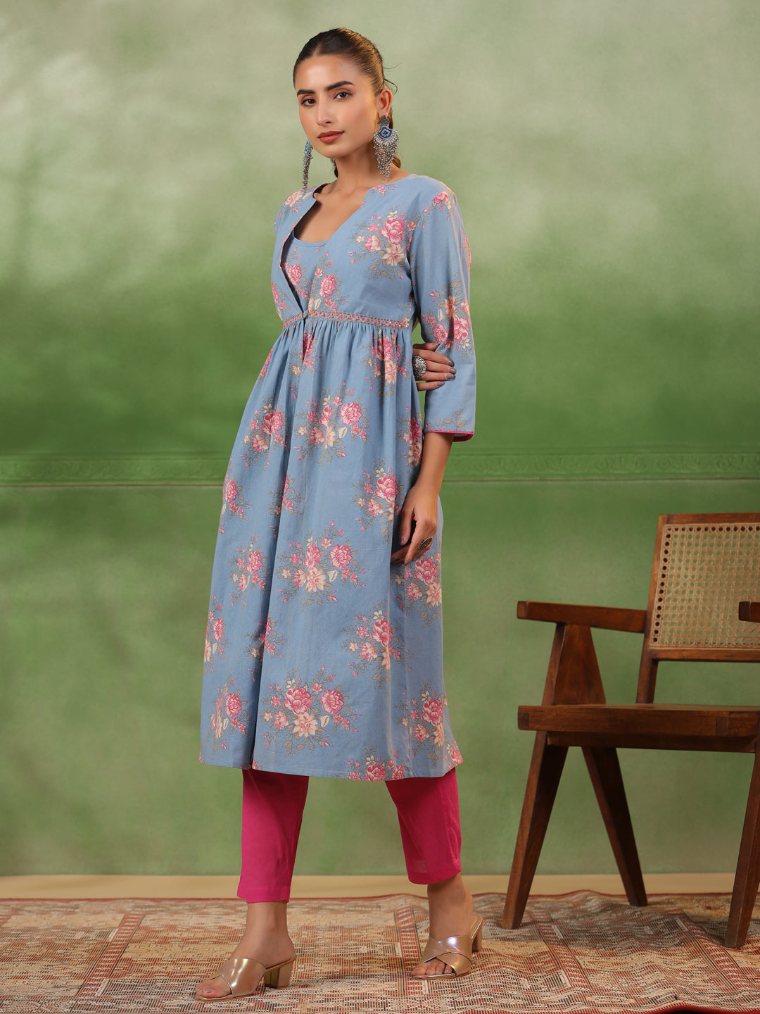 Set Of 3 Floral Printed Cotton Kurta Set