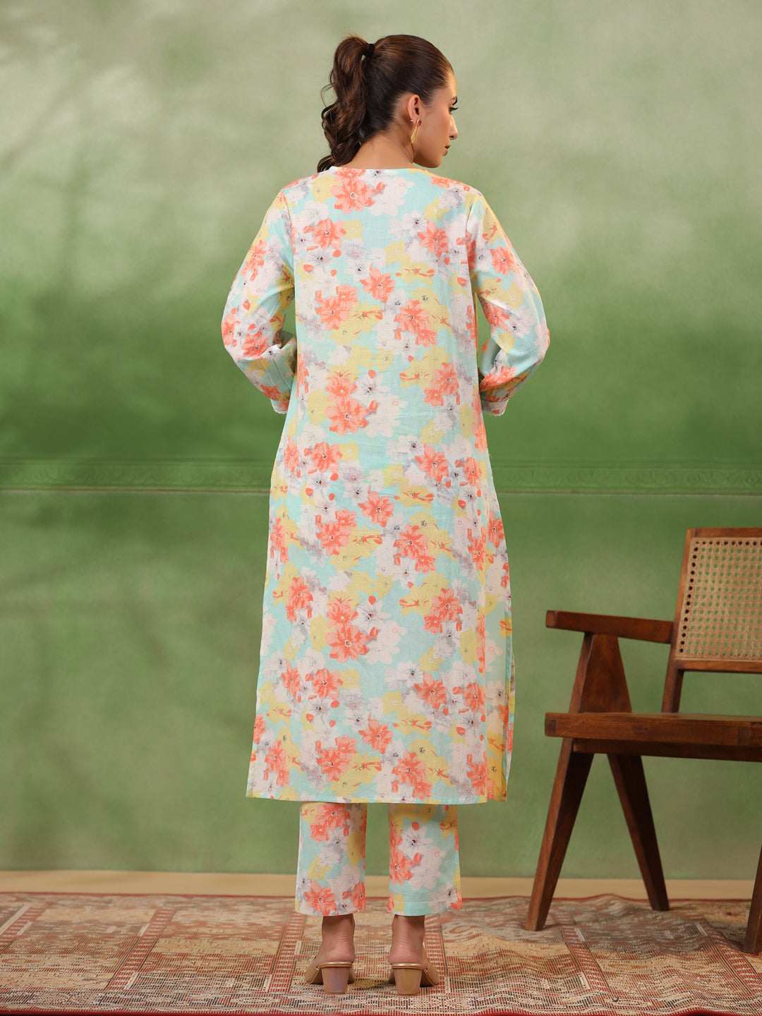 Floral Printed V-Neck Cotton Kurta Set - SanskrutiHomes