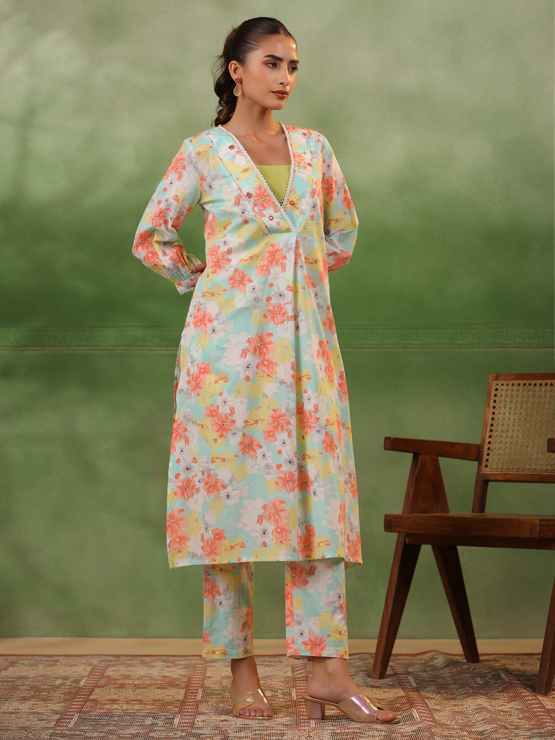 Floral Printed V-Neck Cotton Kurta Set - SanskrutiHomes