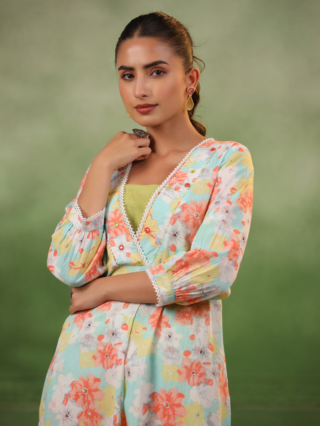 Floral Printed V-Neck Cotton Kurta Set - SanskrutiHomes