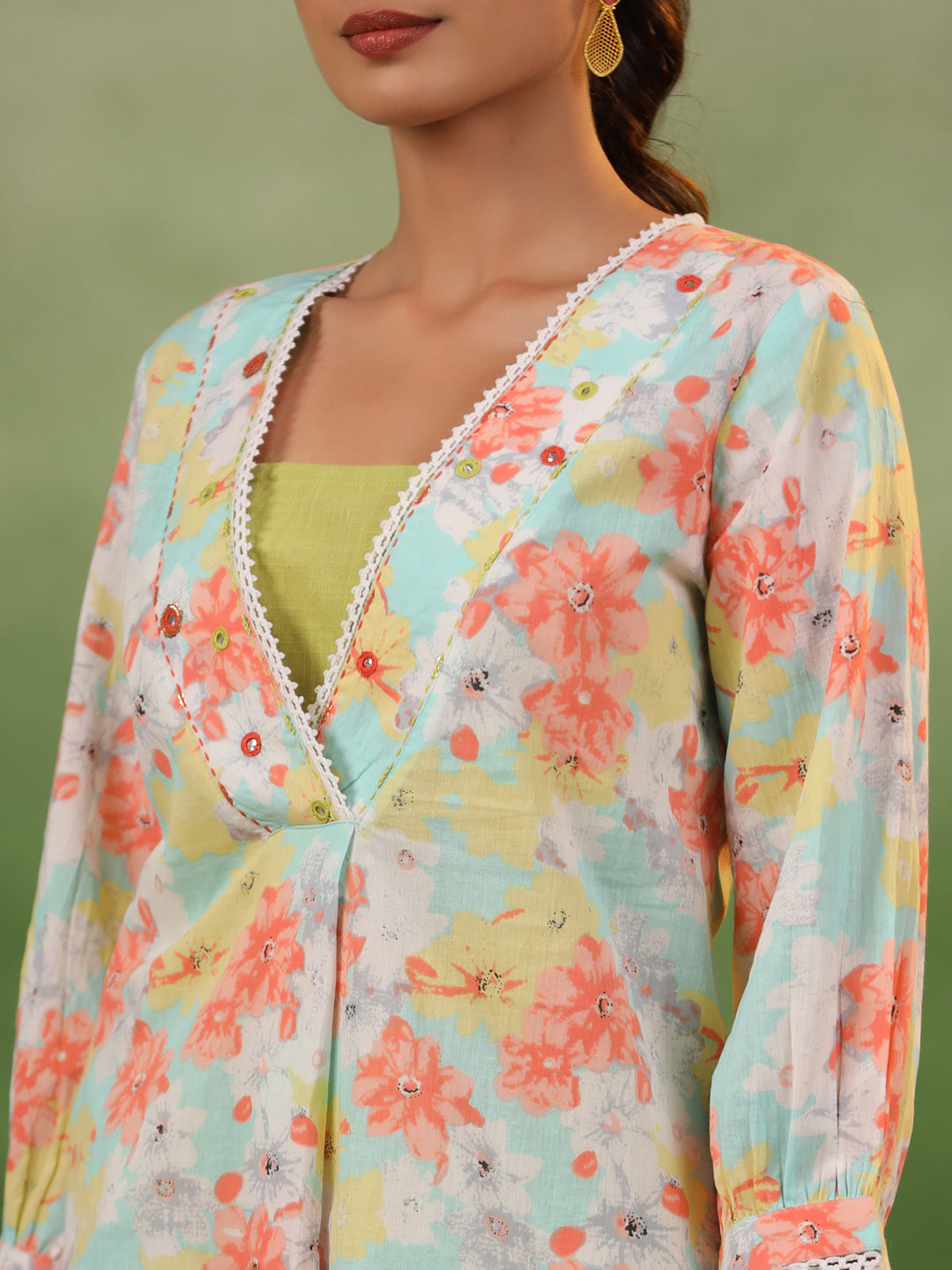 Floral Printed V-Neck Cotton Kurta Set - SanskrutiHomes