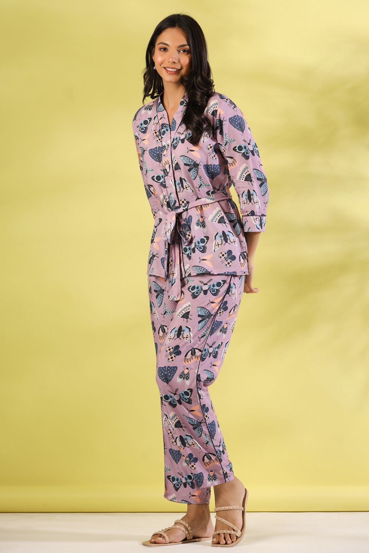 Multicolor Butterfly Printed V-Neck Modal Pyjama Night Suit For Women