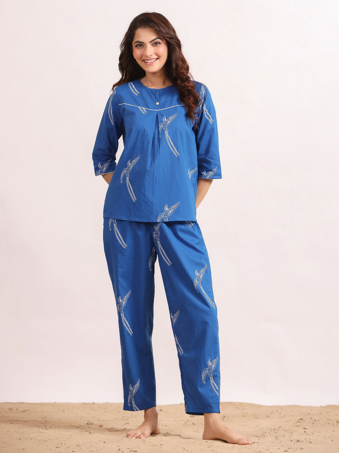 Blue bird print Cotton Printed Night Suit Set with Pajama