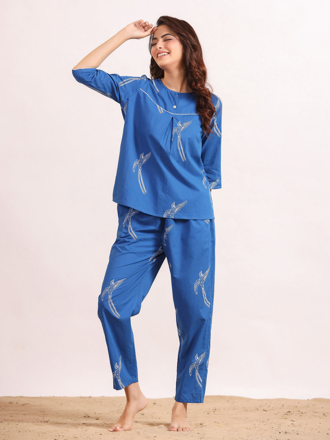 Blue bird print Cotton Printed Night Suit Set with Pajama