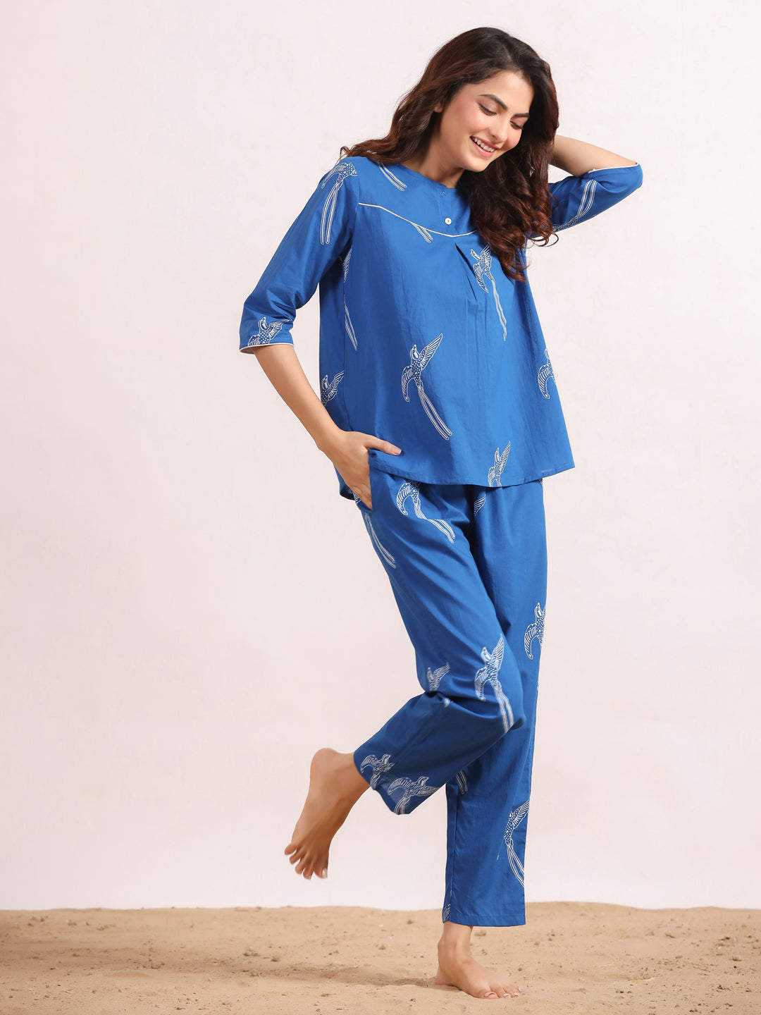Blue bird print Cotton Printed Night Suit Set with Pajama