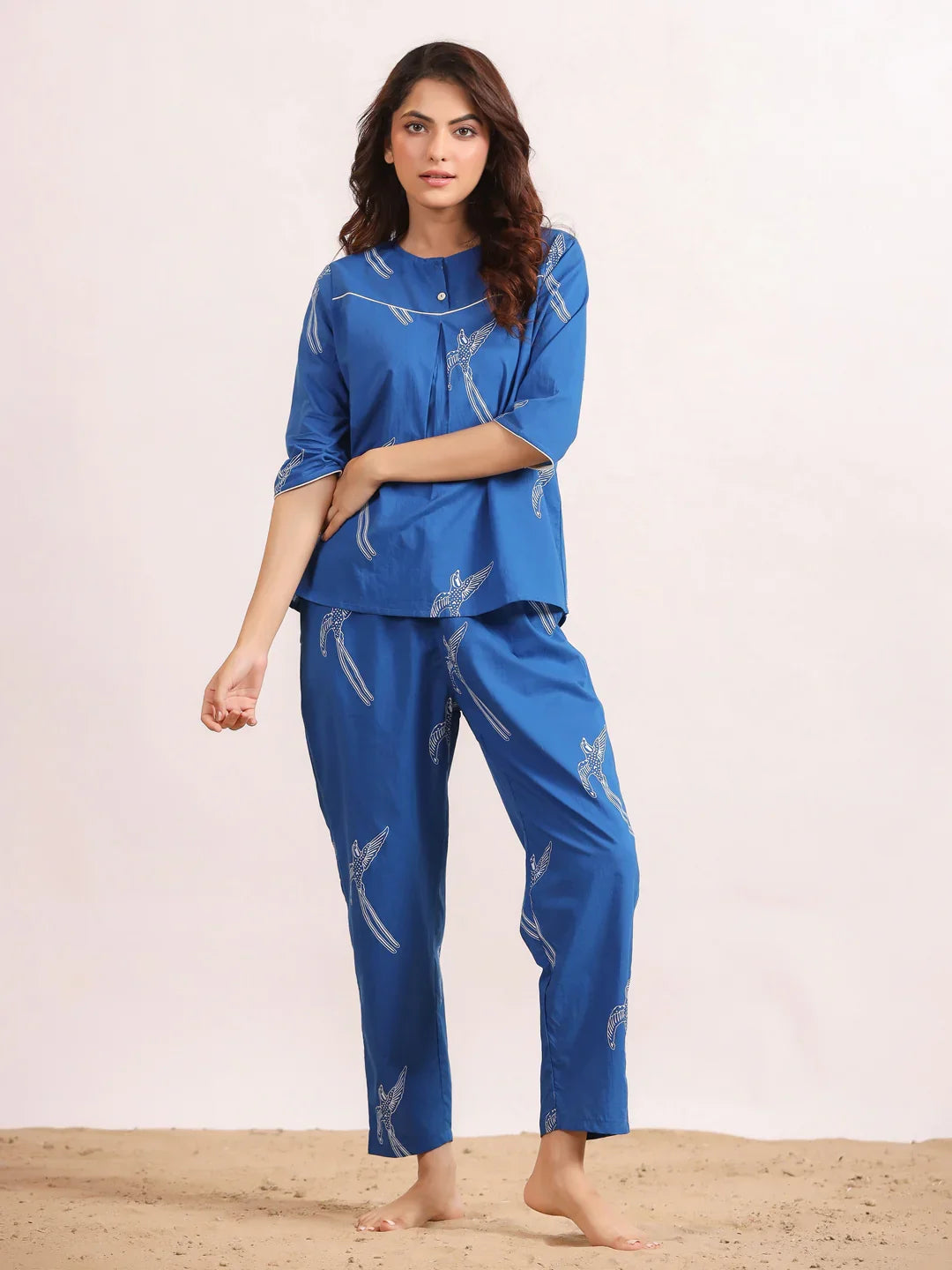 Blue bird print Cotton Printed Night Suit Set with Pajama - SanskrutiHomes