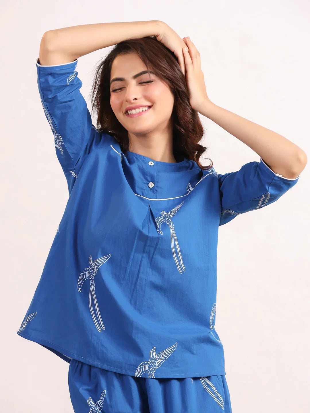 Blue bird print Cotton Printed Night Suit Set with Pajama - SanskrutiHomes