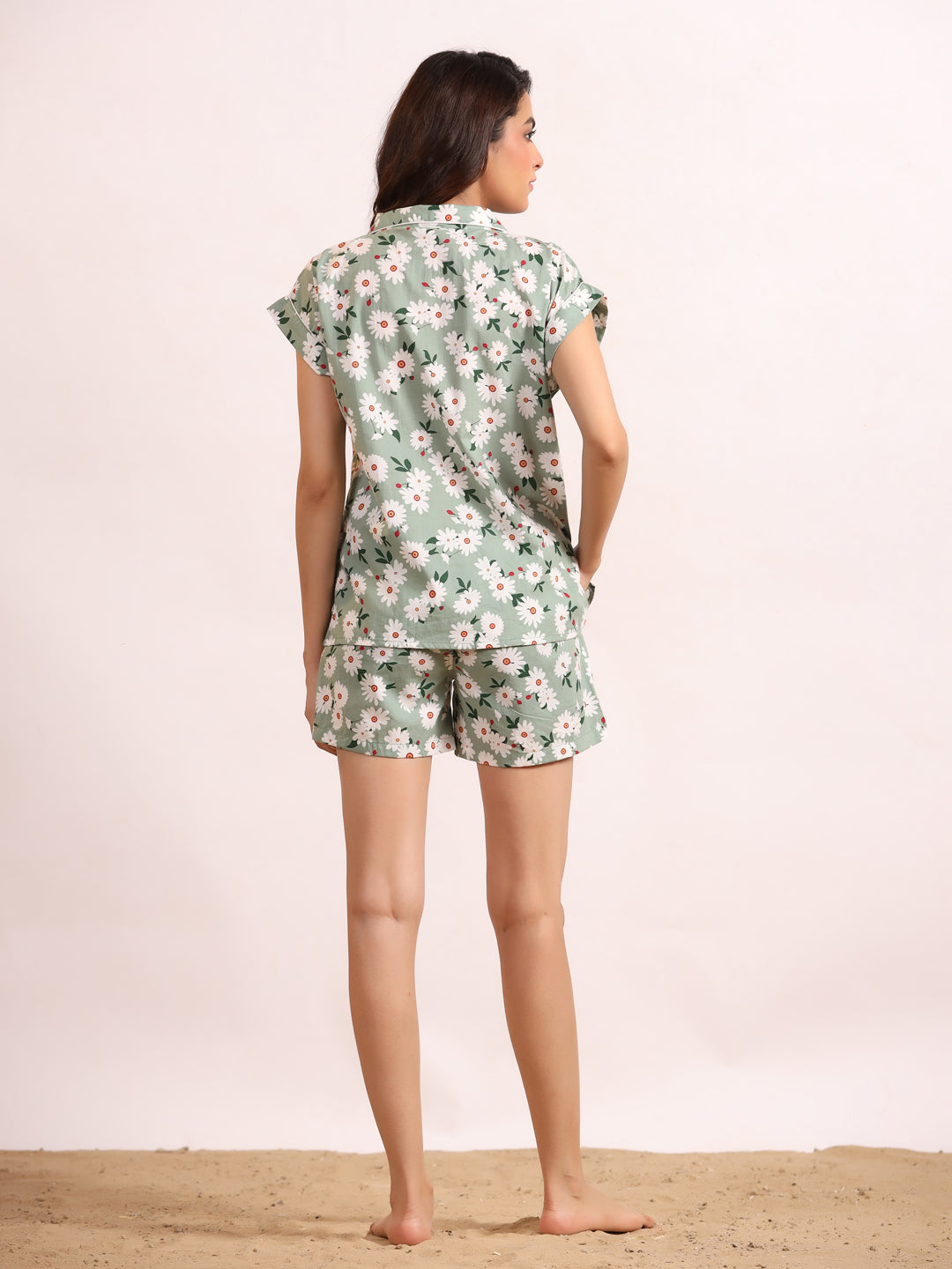 Women's Pure Cotton Green Floral Print Night suits