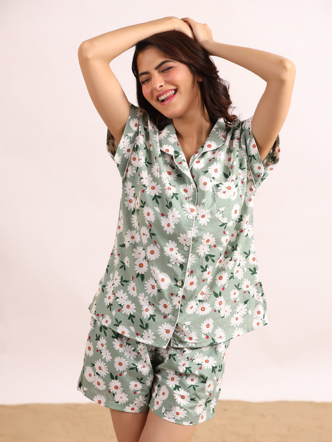 Women's Pure Cotton Green Floral Print Night suits