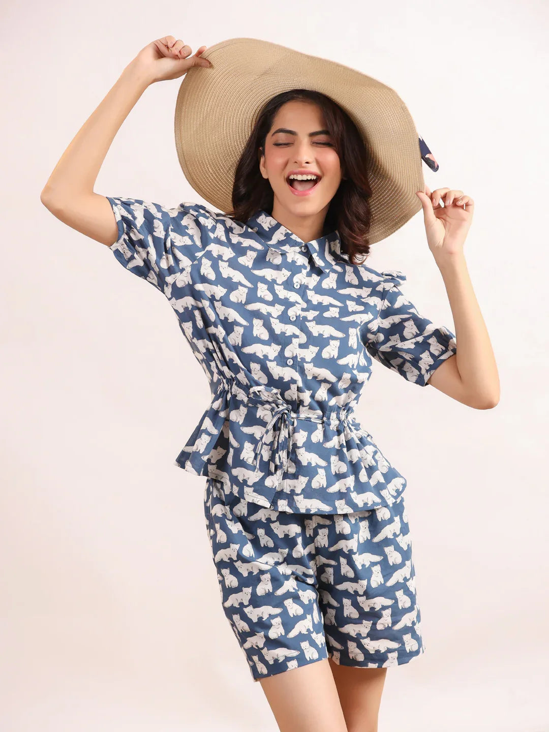 White & Blue Cats Shirt & Shorts Night Suit Set - SanskrutiHomes