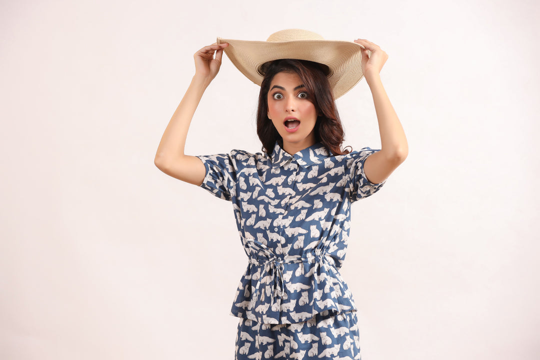 White & Blue Cats Shirt & Shorts Night Suit Set - SanskrutiHomes
