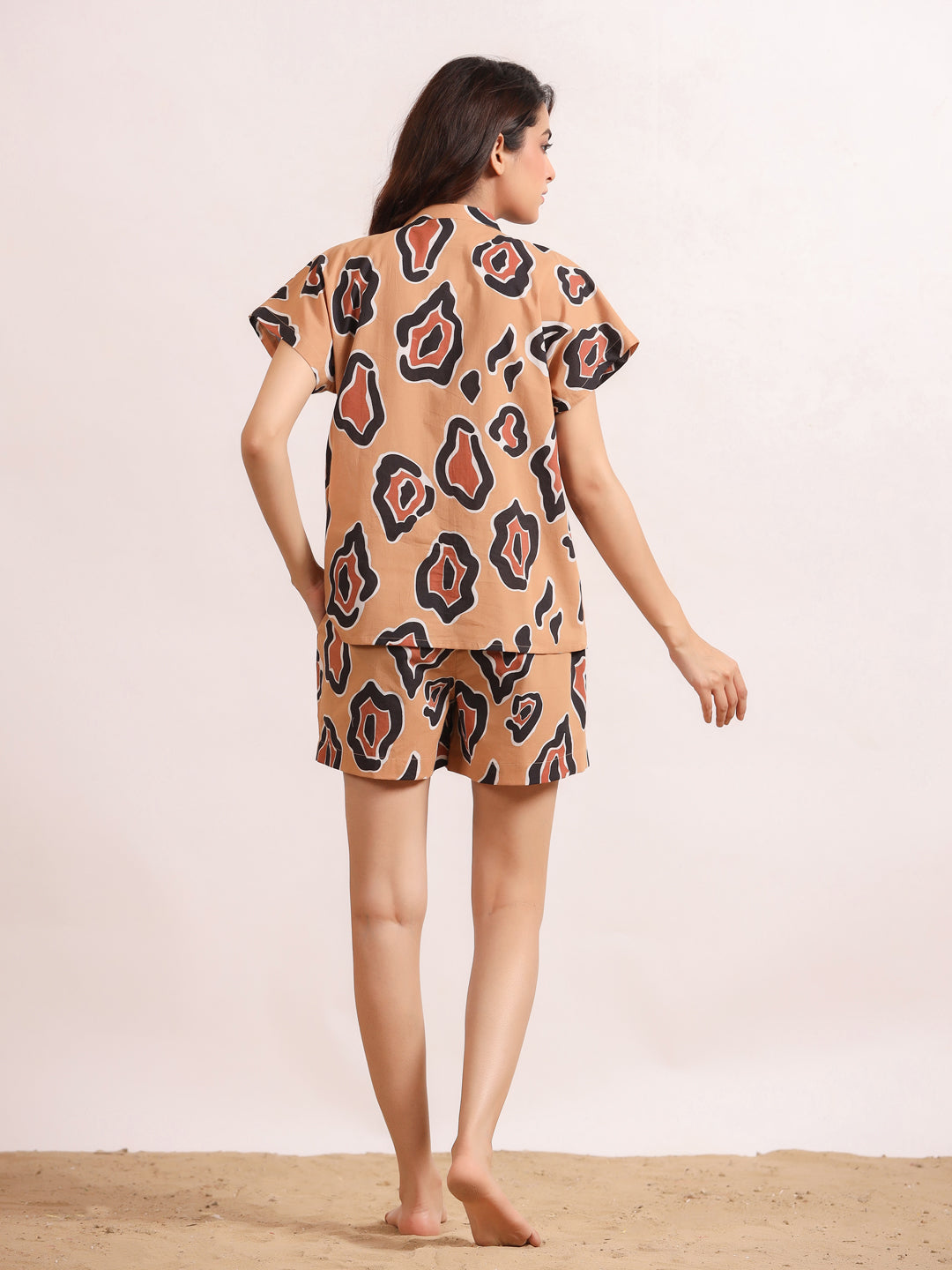 Brown Printed Shirt & Shorts Night Suit Set