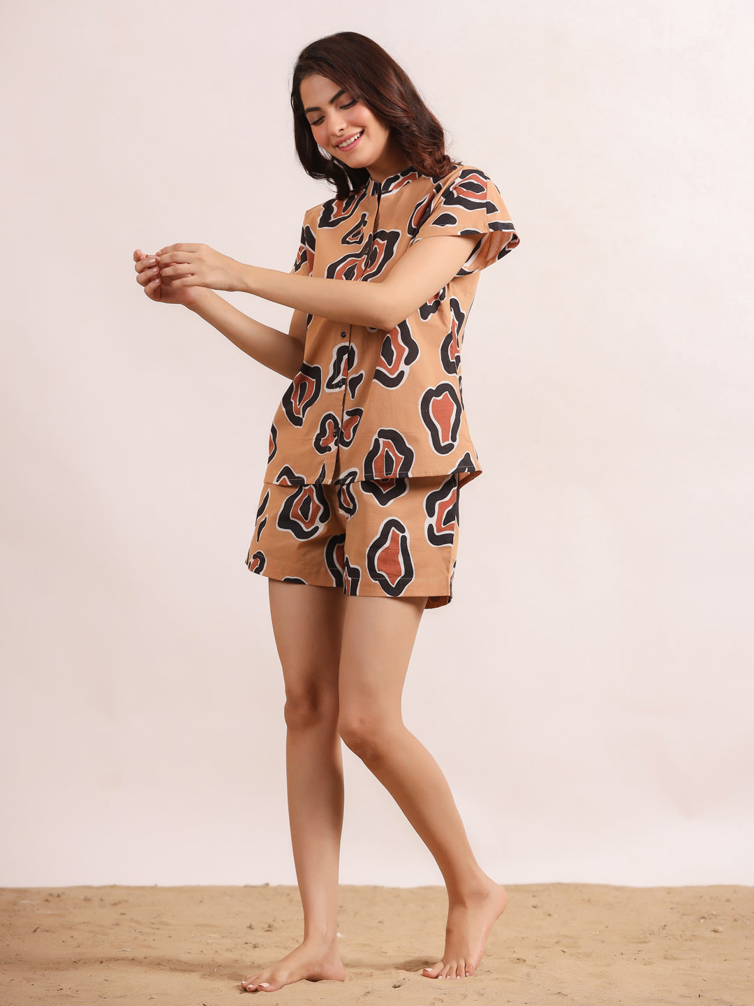 Brown Printed Shirt & Shorts Night Suit Set