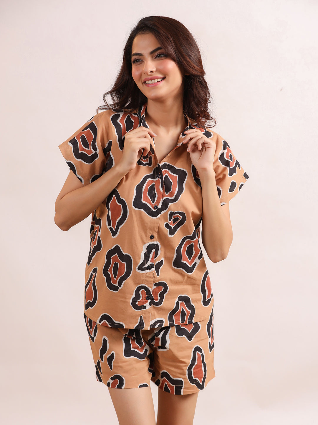 Brown Printed Shirt & Shorts Night Suit Set