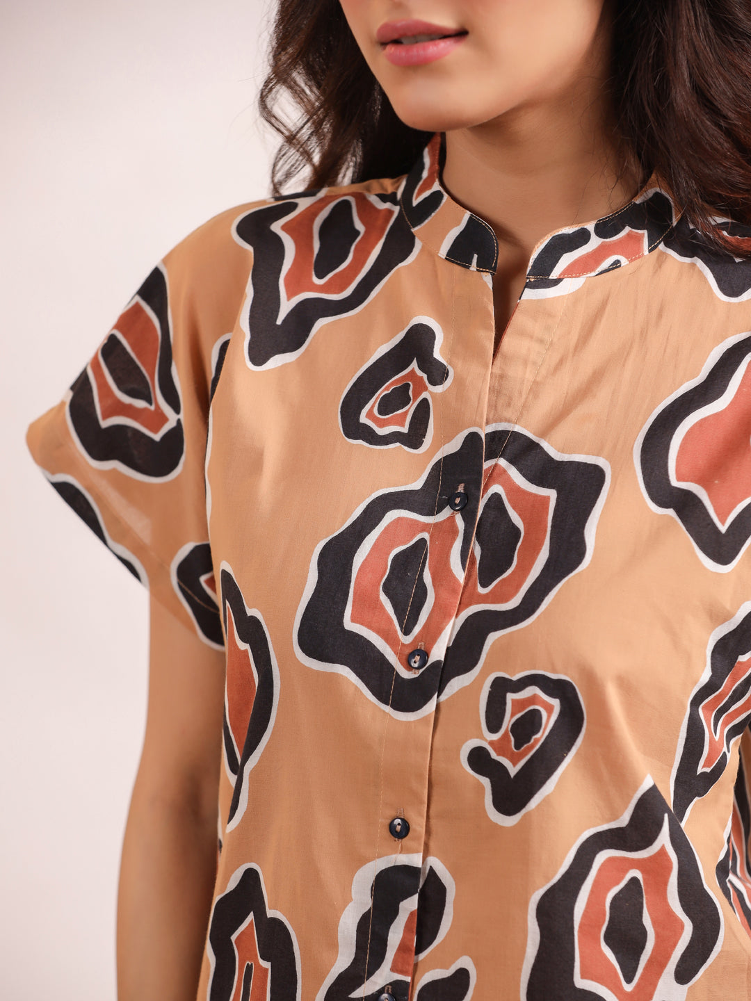 Brown Printed Shirt & Shorts Night Suit Set
