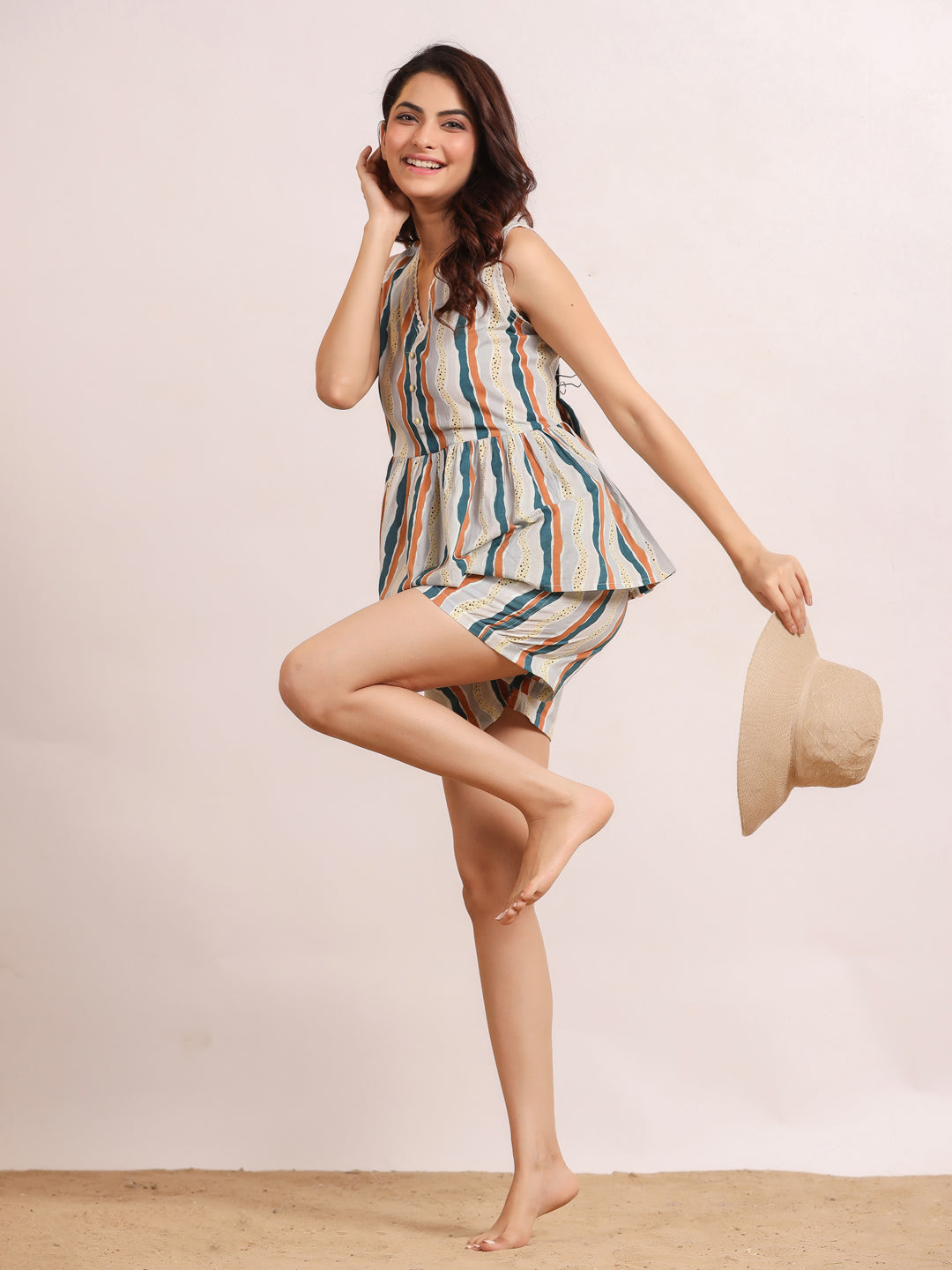 Women's Pure Cotton Multi Colour Striped Print Night suits