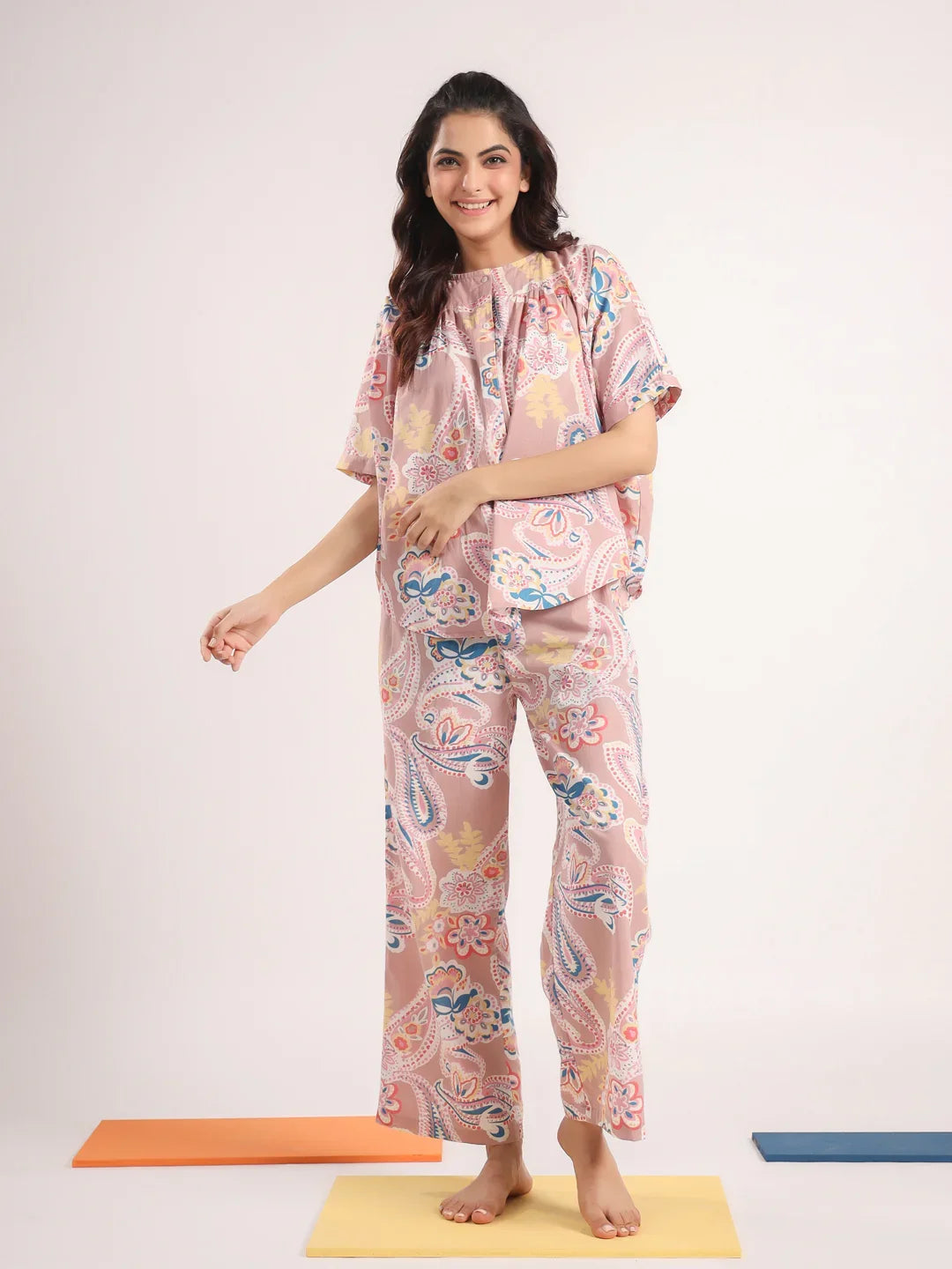 Women's Pure Cotton Pink Ethnic Motifs Print Night suits - SanskrutiHomes