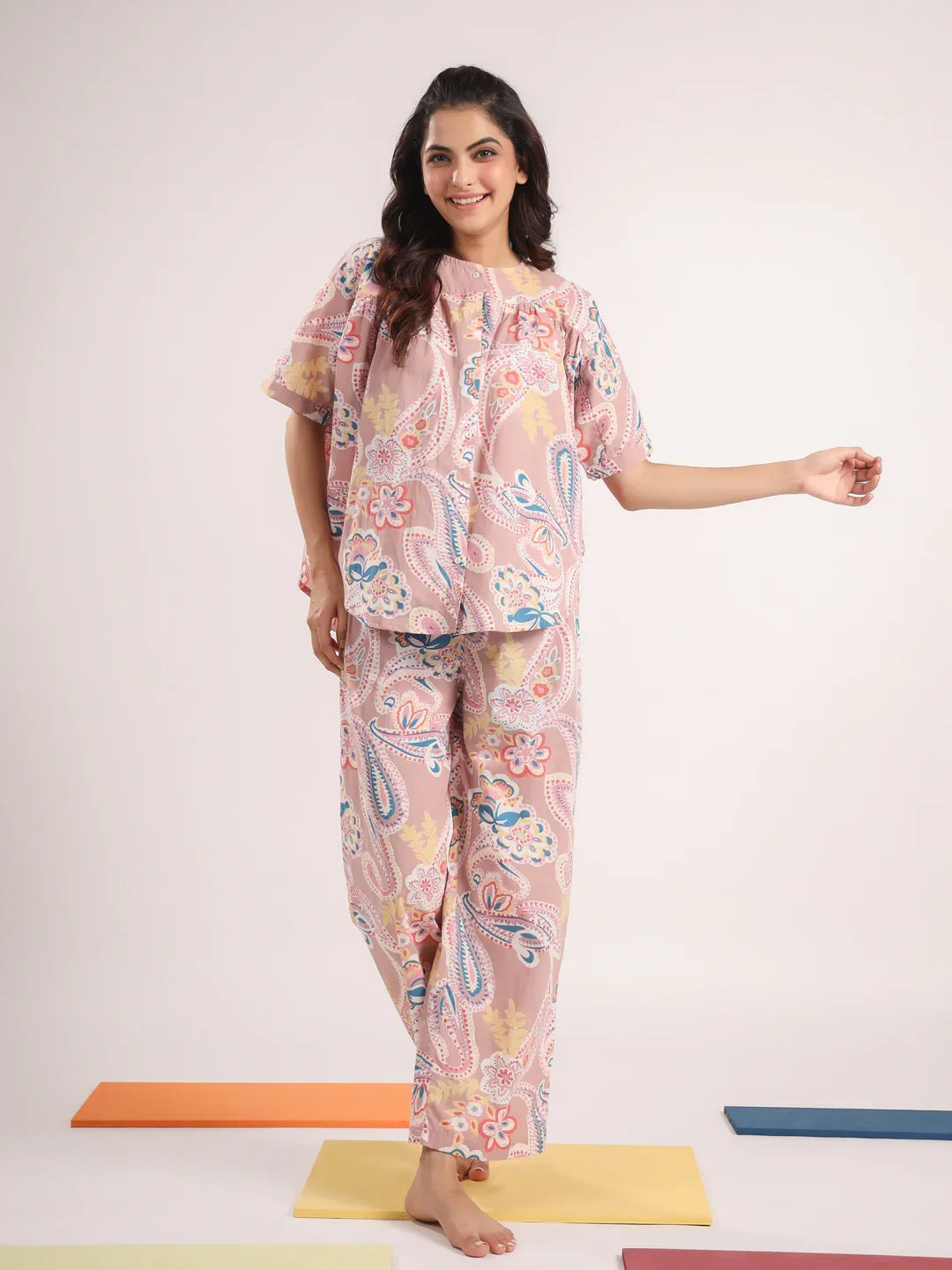 Women's Pure Cotton Pink Ethnic Motifs Print Night suits - SanskrutiHomes