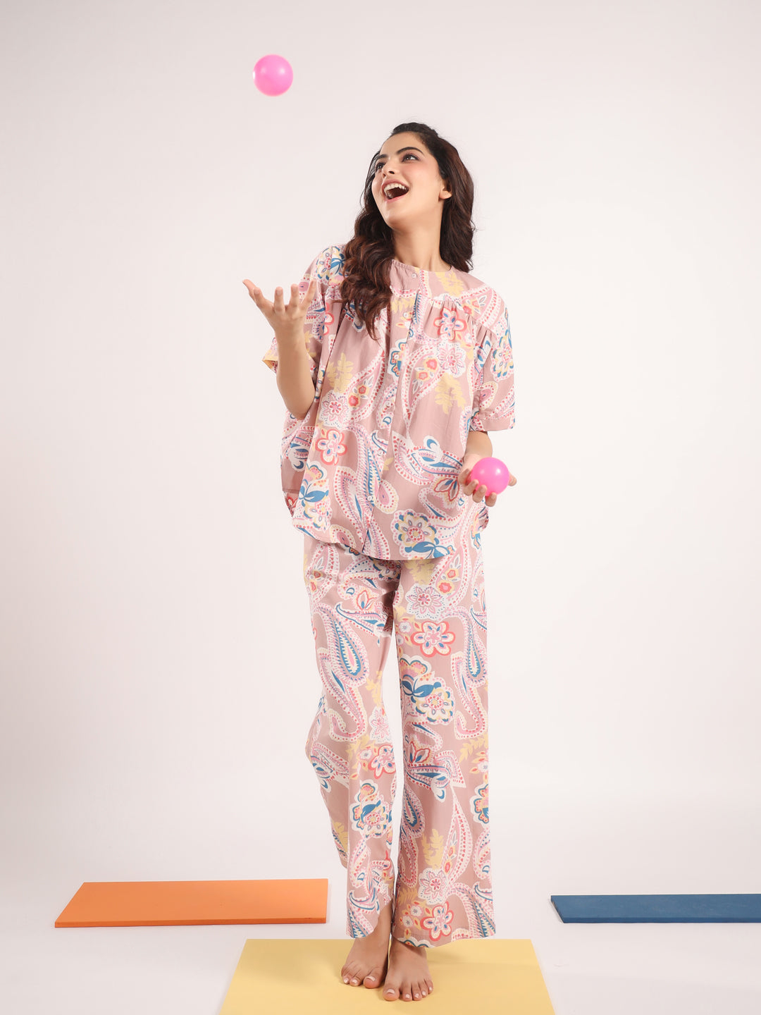 Women's Pure Cotton Pink Ethnic Motifs Print Night suits