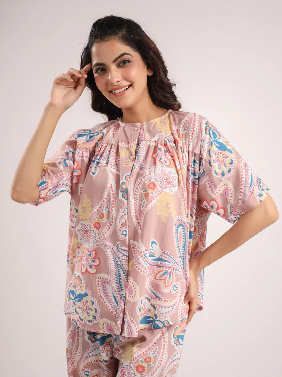 Women's Pure Cotton Pink Ethnic Motifs Print Night suits - SanskrutiHomes