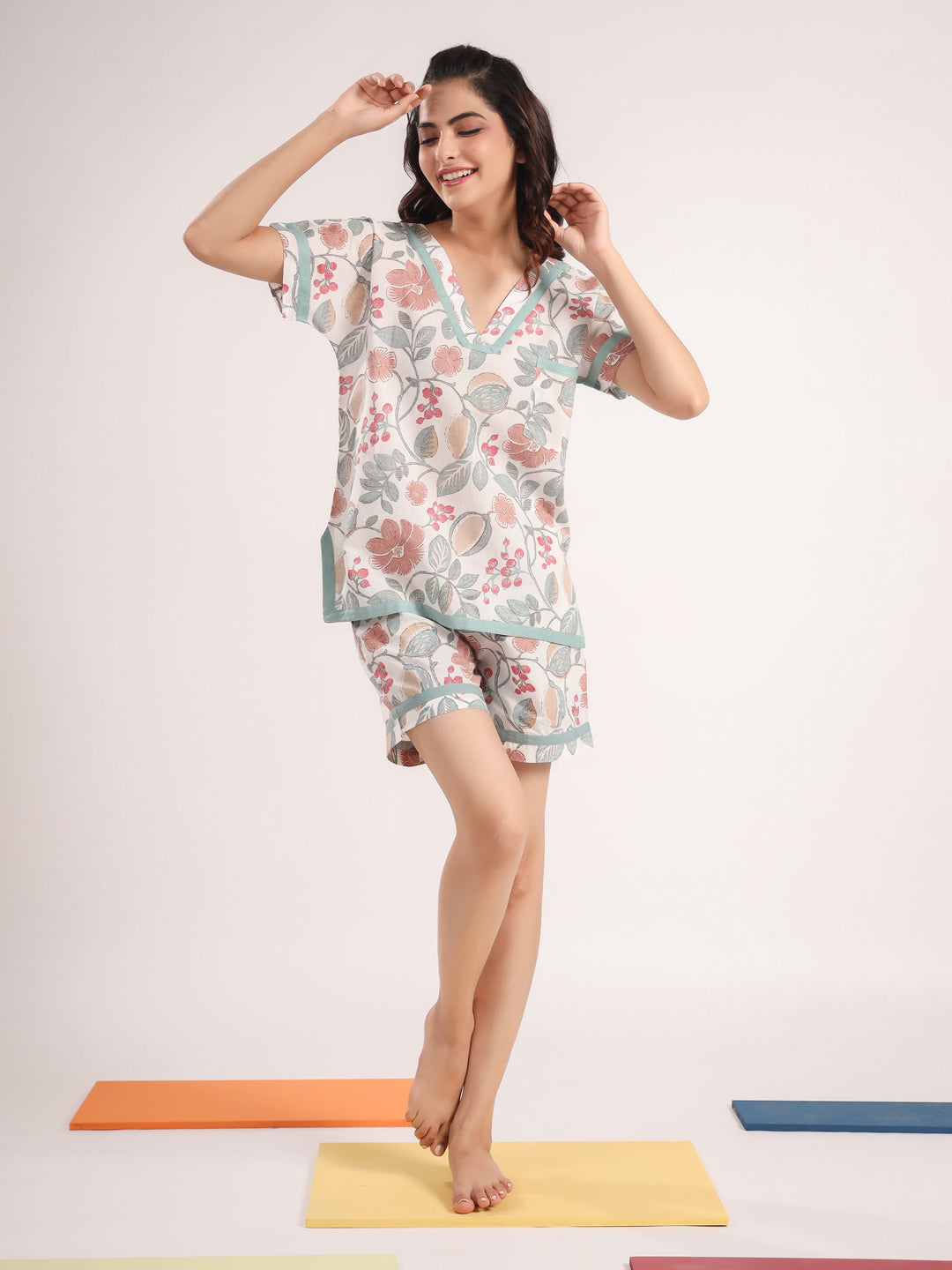 Floral Cotton Night Suit With Shorts