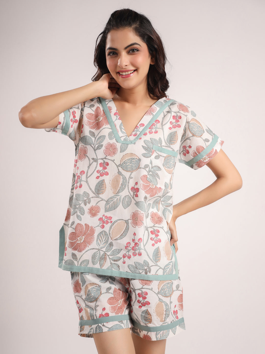 Floral Cotton Night Suit With Shorts