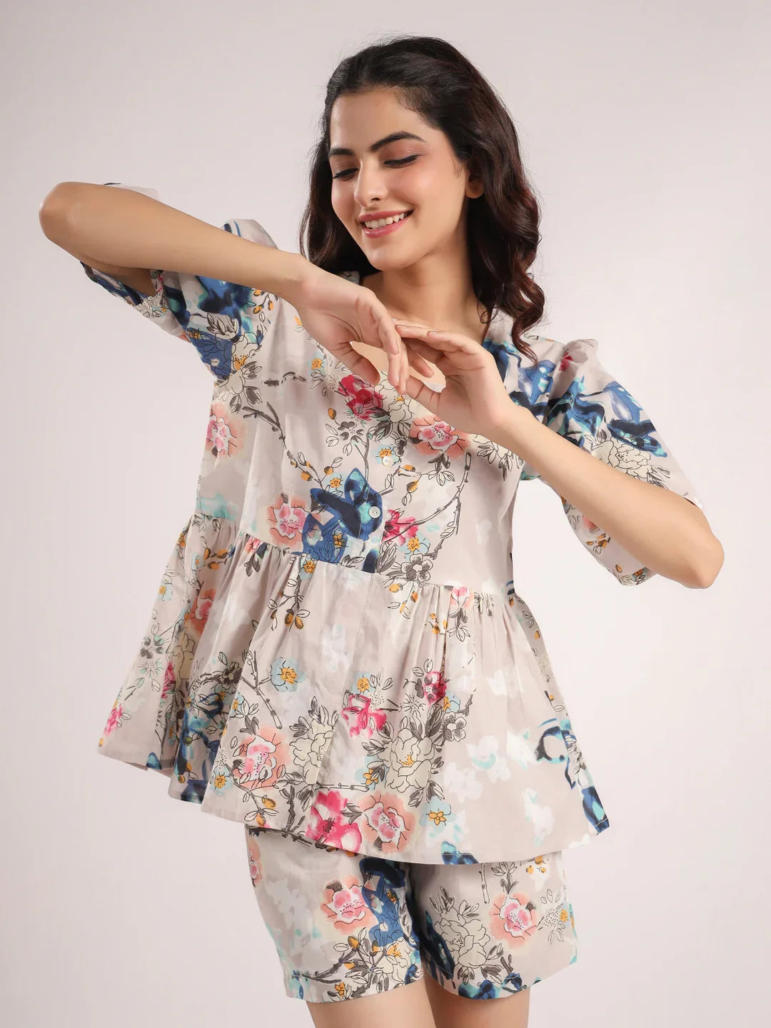 NUDE PEPLUM SHORT SET - SanskrutiHomes