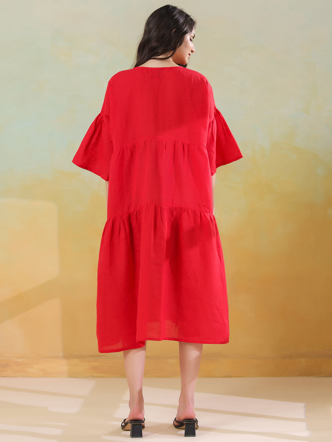 Red Color Linen Blend V-Neck Dress for Women