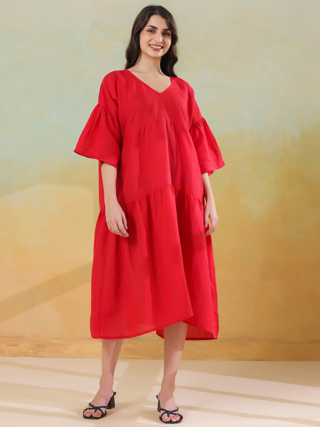 Red Color Linen Blend V-Neck Dress for Women