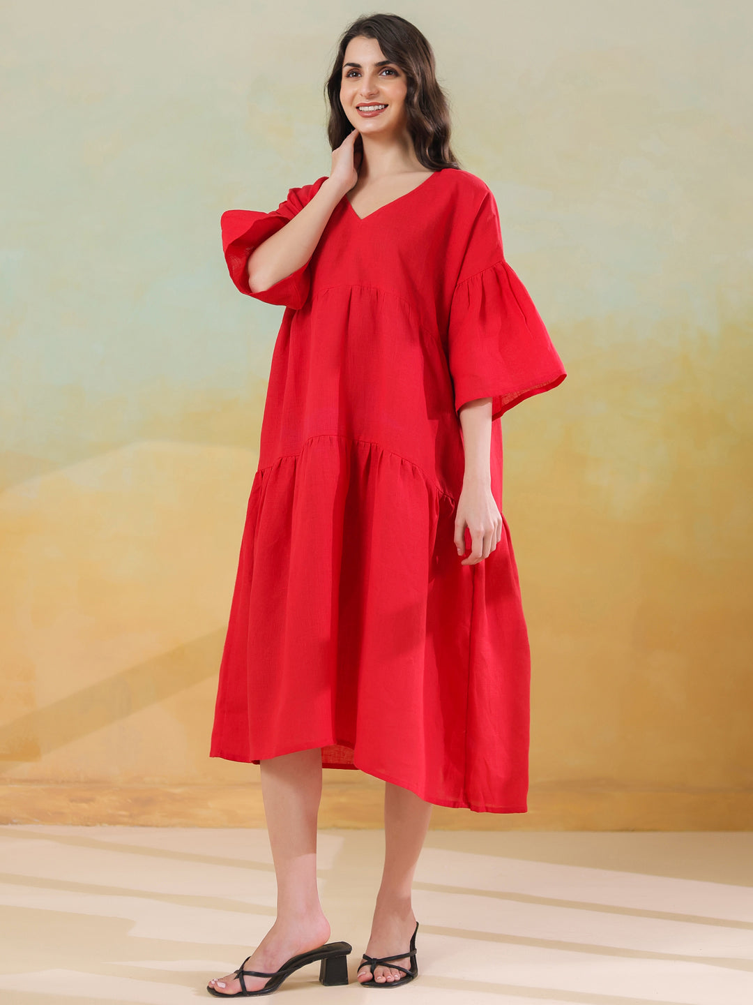 Red Color Linen Blend V-Neck Dress for Women