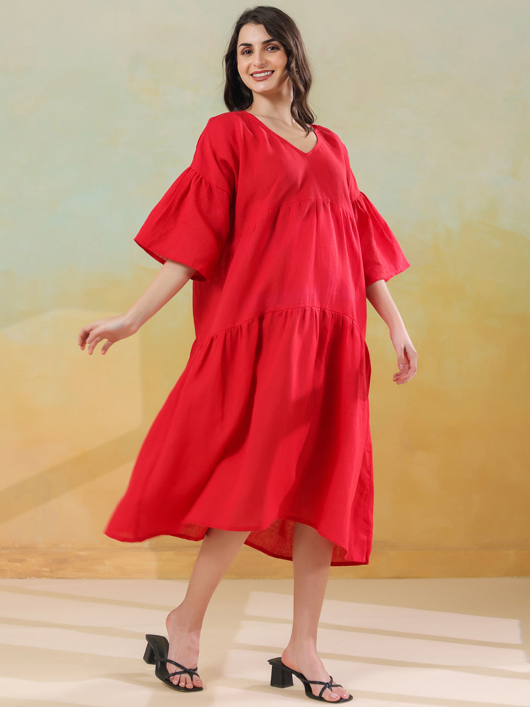Red Color Linen Blend V-Neck Dress for Women