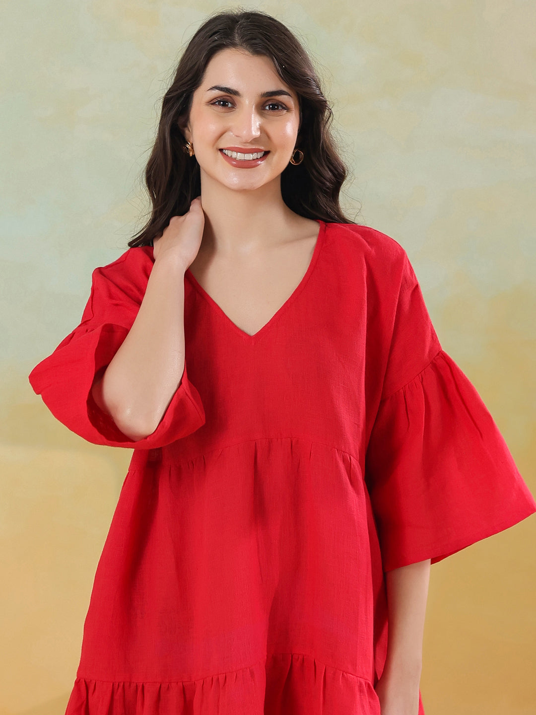 Red Color Linen Blend V-Neck Dress for Women