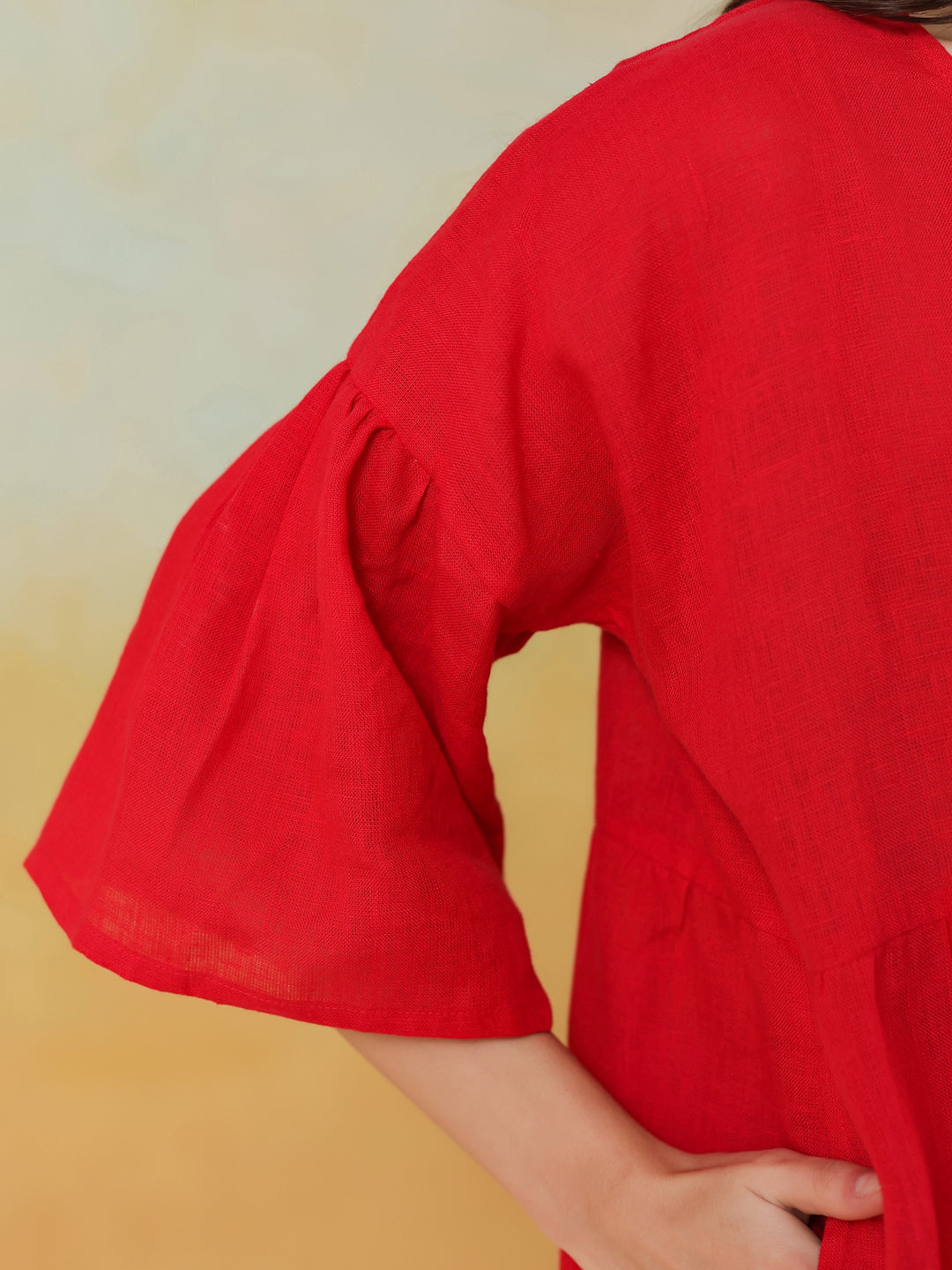 Red Color Linen Blend V-Neck Dress for Women