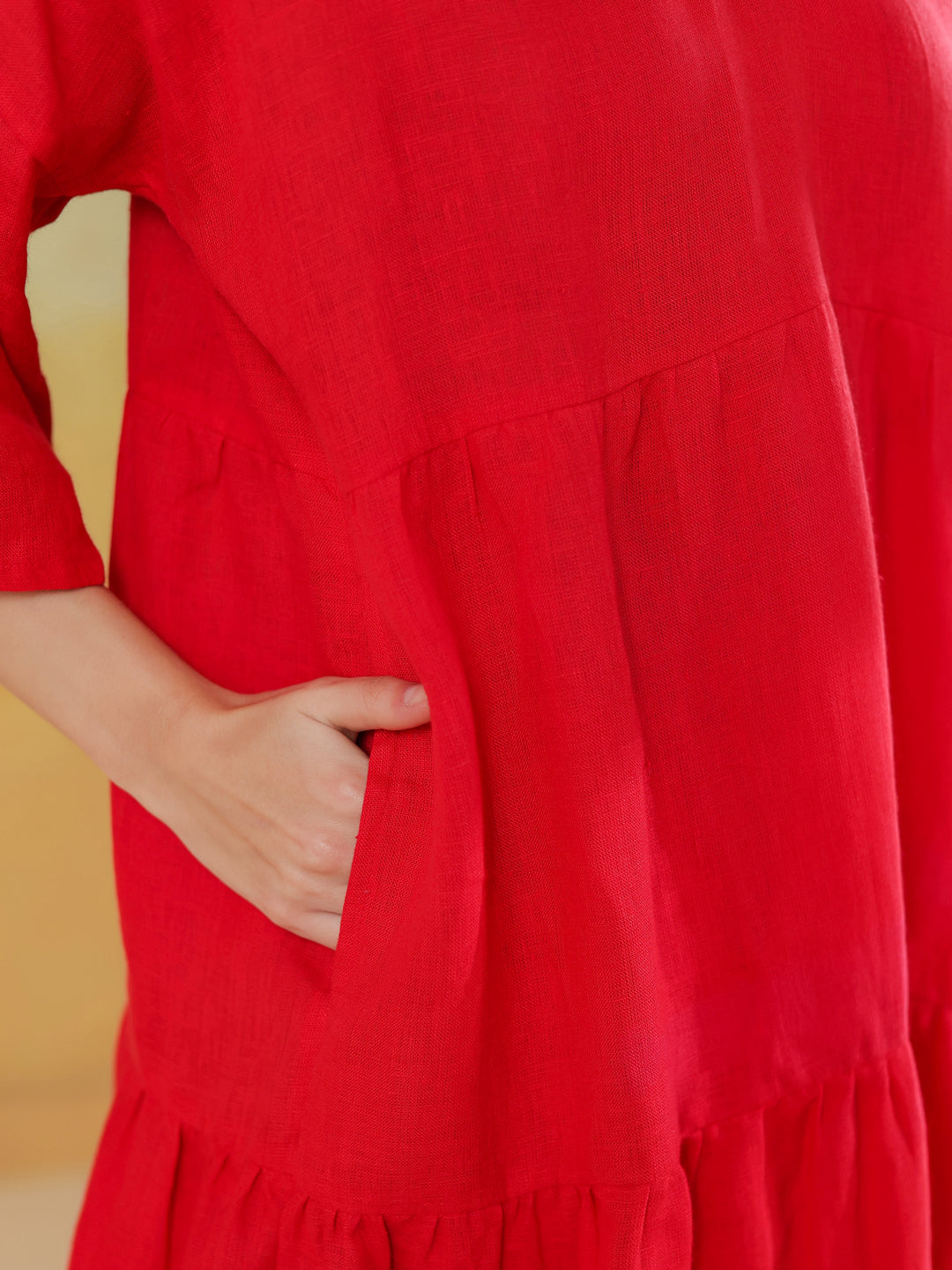 Red Color Linen Blend V-Neck Dress for Women