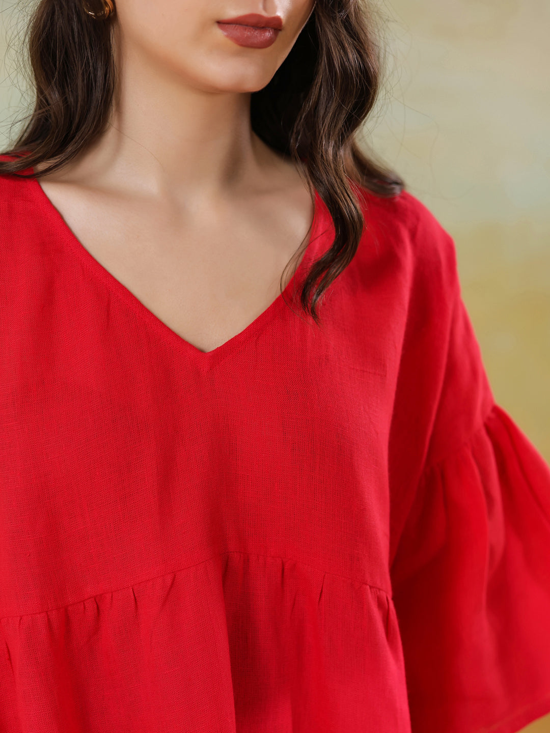 Red Color Linen Blend V-Neck Dress for Women