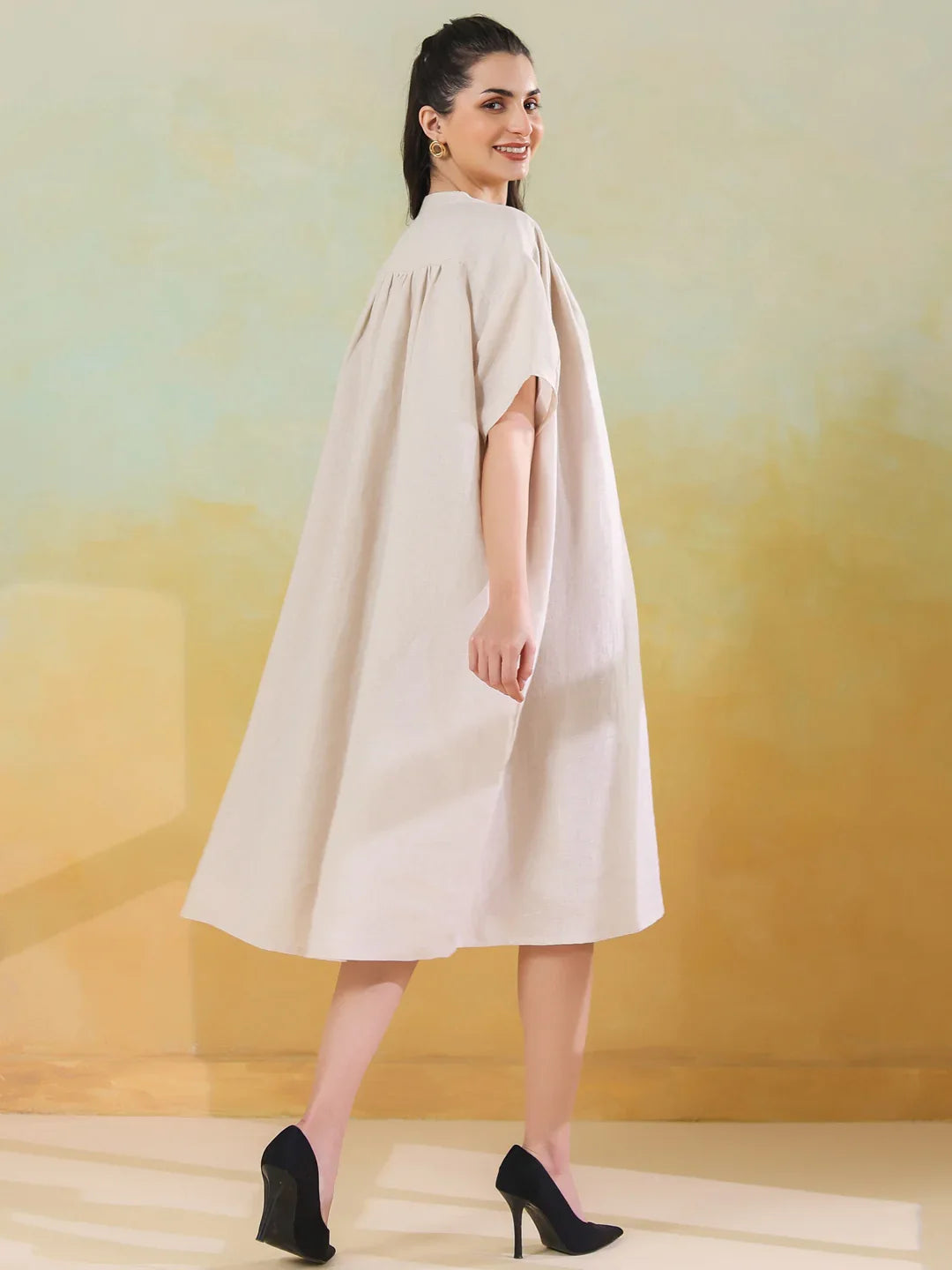 White Color Linen Blend V-Neck Dress for Women - SanskrutiHomes