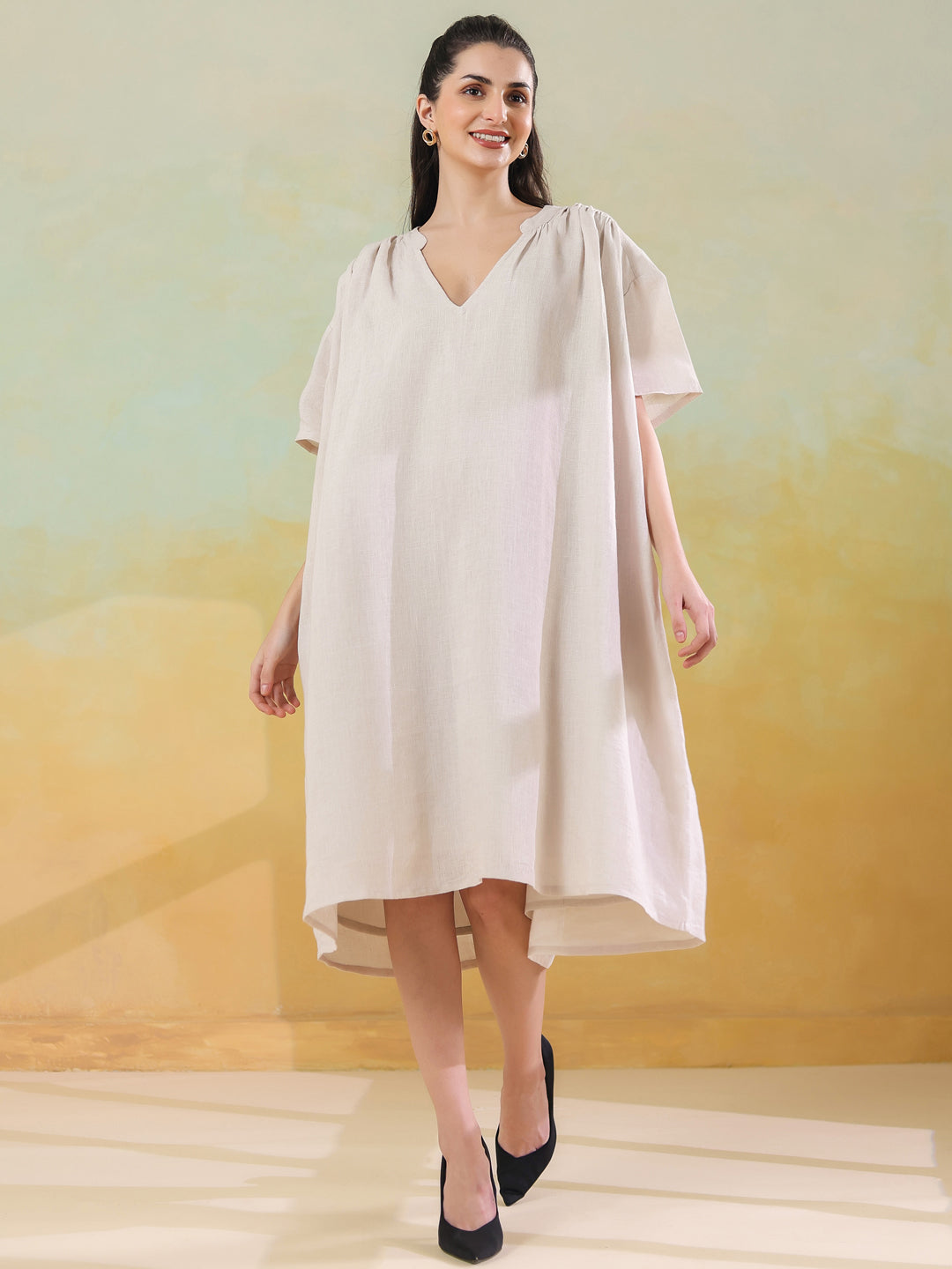 White Color Linen Blend V-Neck Dress for Women