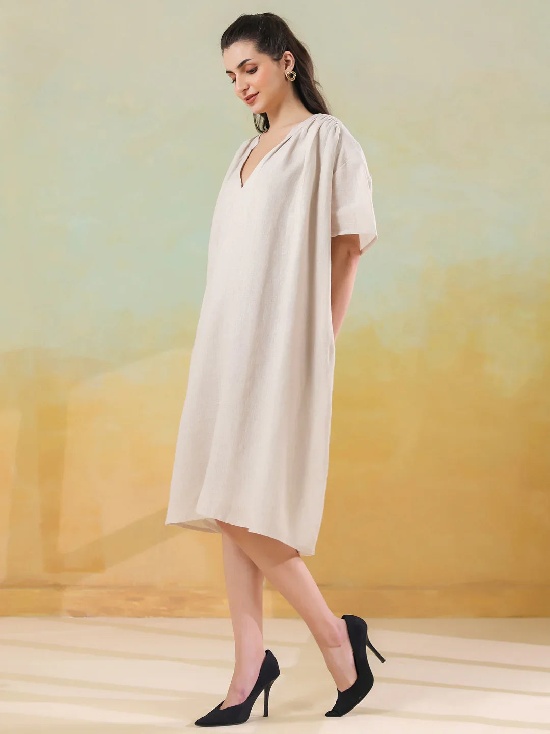 White Color Linen Blend V-Neck Dress for Women - SanskrutiHomes