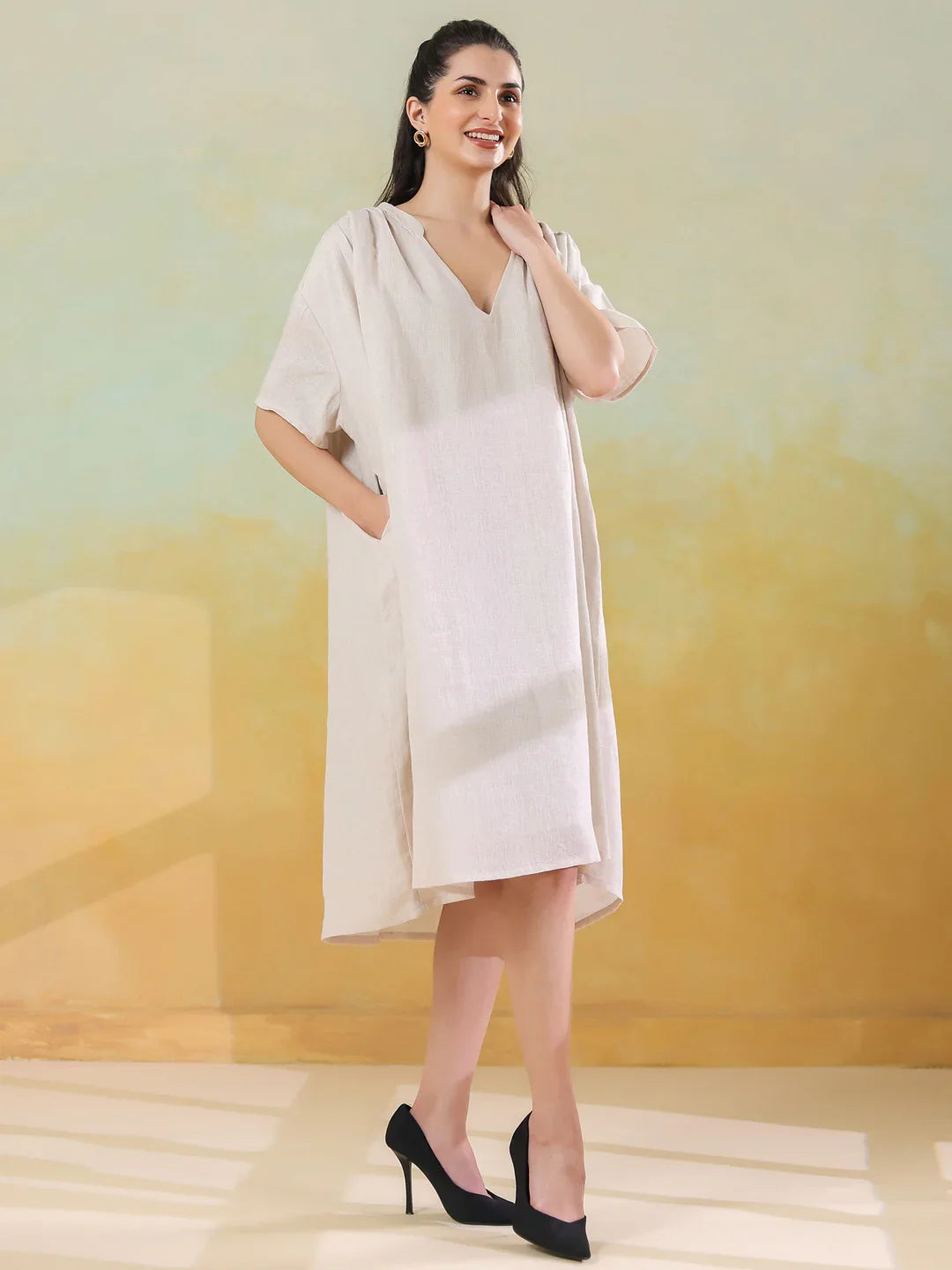 White Color Linen Blend V-Neck Dress for Women - SanskrutiHomes
