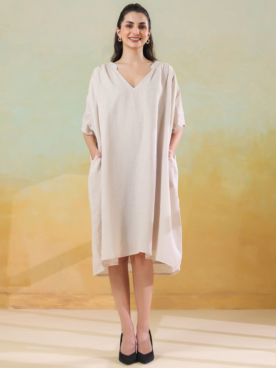 White Color Linen Blend V-Neck Dress for Women