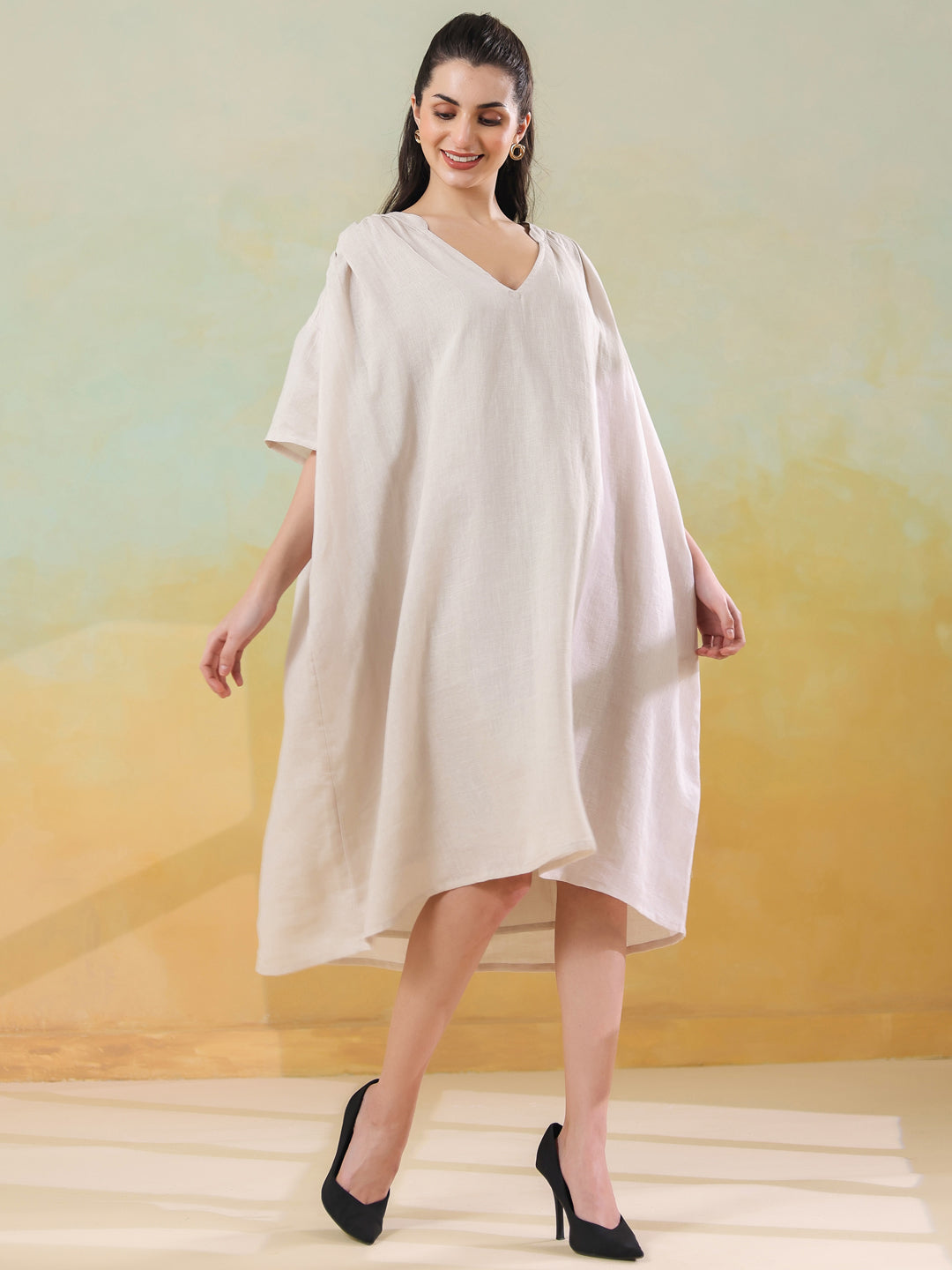 White Color Linen Blend V-Neck Dress for Women